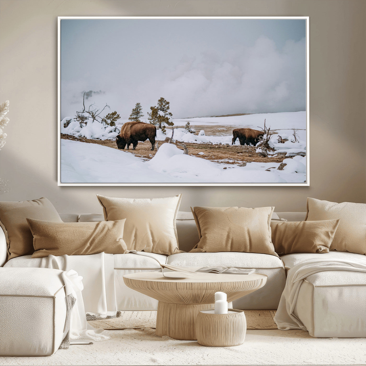 60308289-MGV-CV-36X24-Bison Wildlife Wall Art Canvas Print, Framed Snowy Prairie Art Picture Print, Western Landscape Perfect Rustic Winter Decor