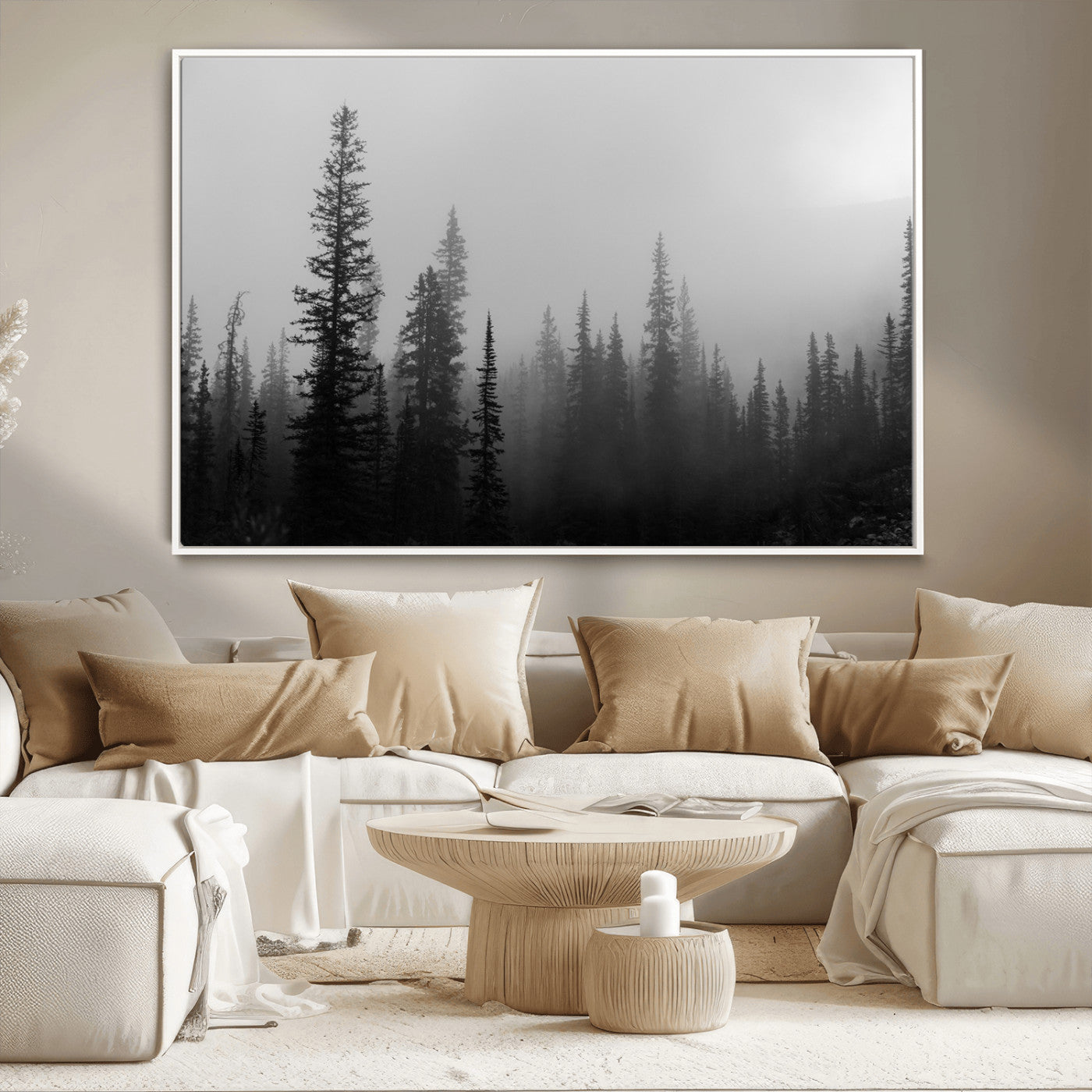 73138900-MGV-CV-36X24-Misty Pines Wall Art Canvas Print, Framed Woodland Photography Art Picture Print, Minimalist Decor Perfect Modern Rustic Decor