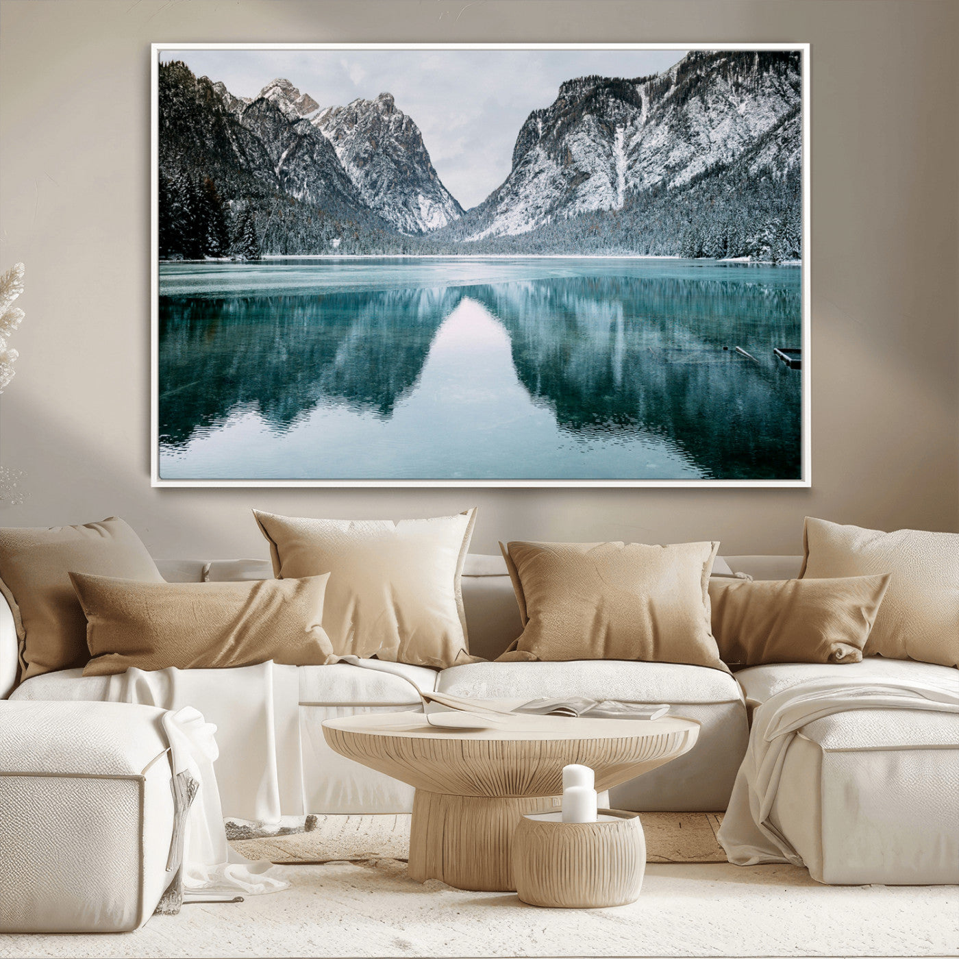 73098373-MGV-CV-36X24-Mountain Lake Wall Art Canvas Print, Framed Winter Wonderland Art Picture Print, Snowy Peaks Perfect Modern Nature Decor Artwork