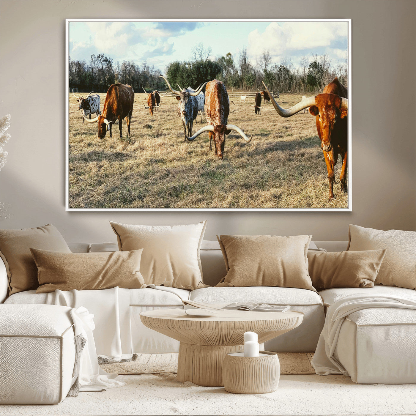 39144651-MGV-CV-36X24-Texas Longhorns Wall Art Canvas Print, Framed Rustic Farm Scene Art Picture Print, Western Cattle Perfect Rustic Farmhouse Decor