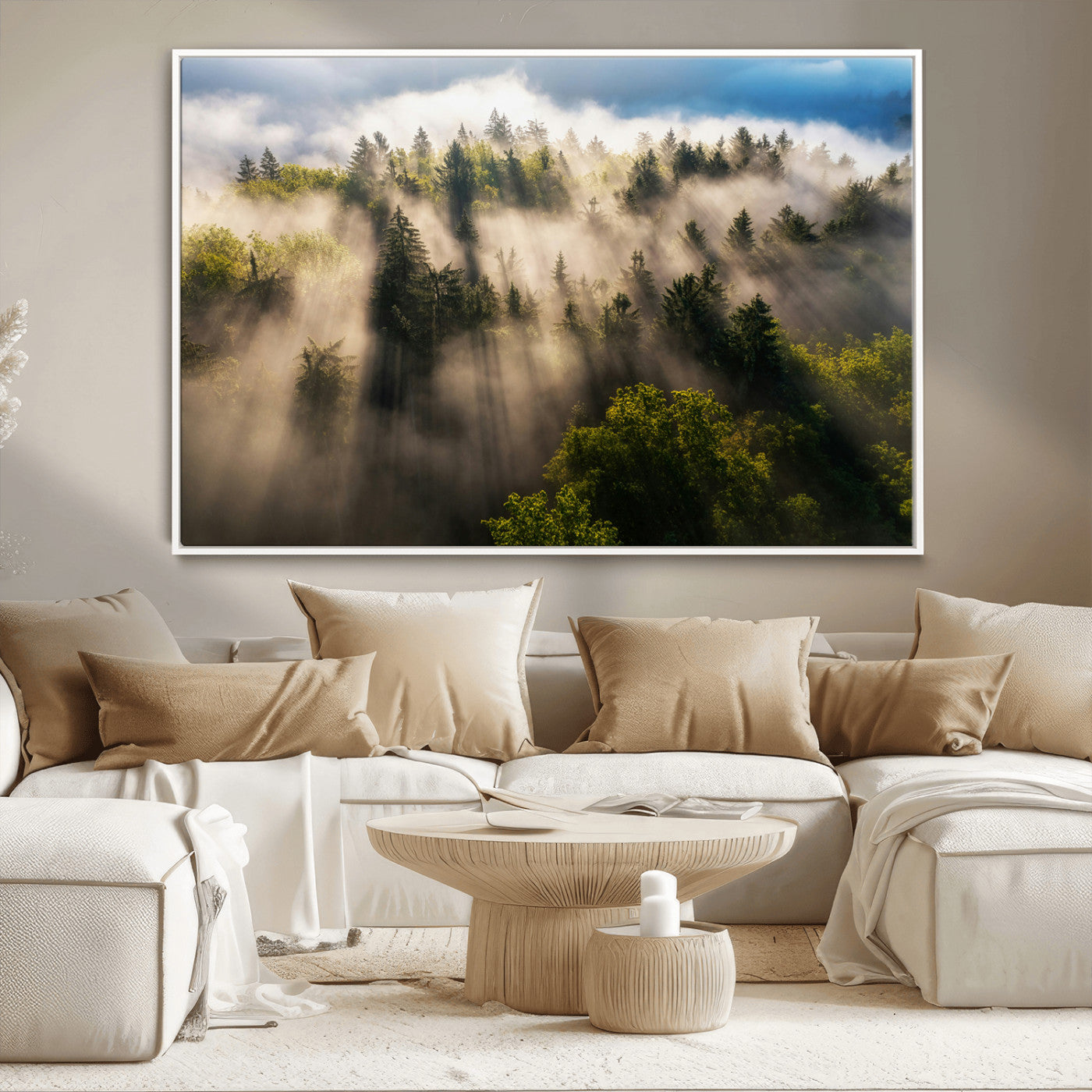 14785710-MGV-CV-36X24-Tranquil Forest Scene Wall Art Canvas Print, Framed Sunbeam Through Trees Art Picture Print, Moody Green Wall Art Perfect