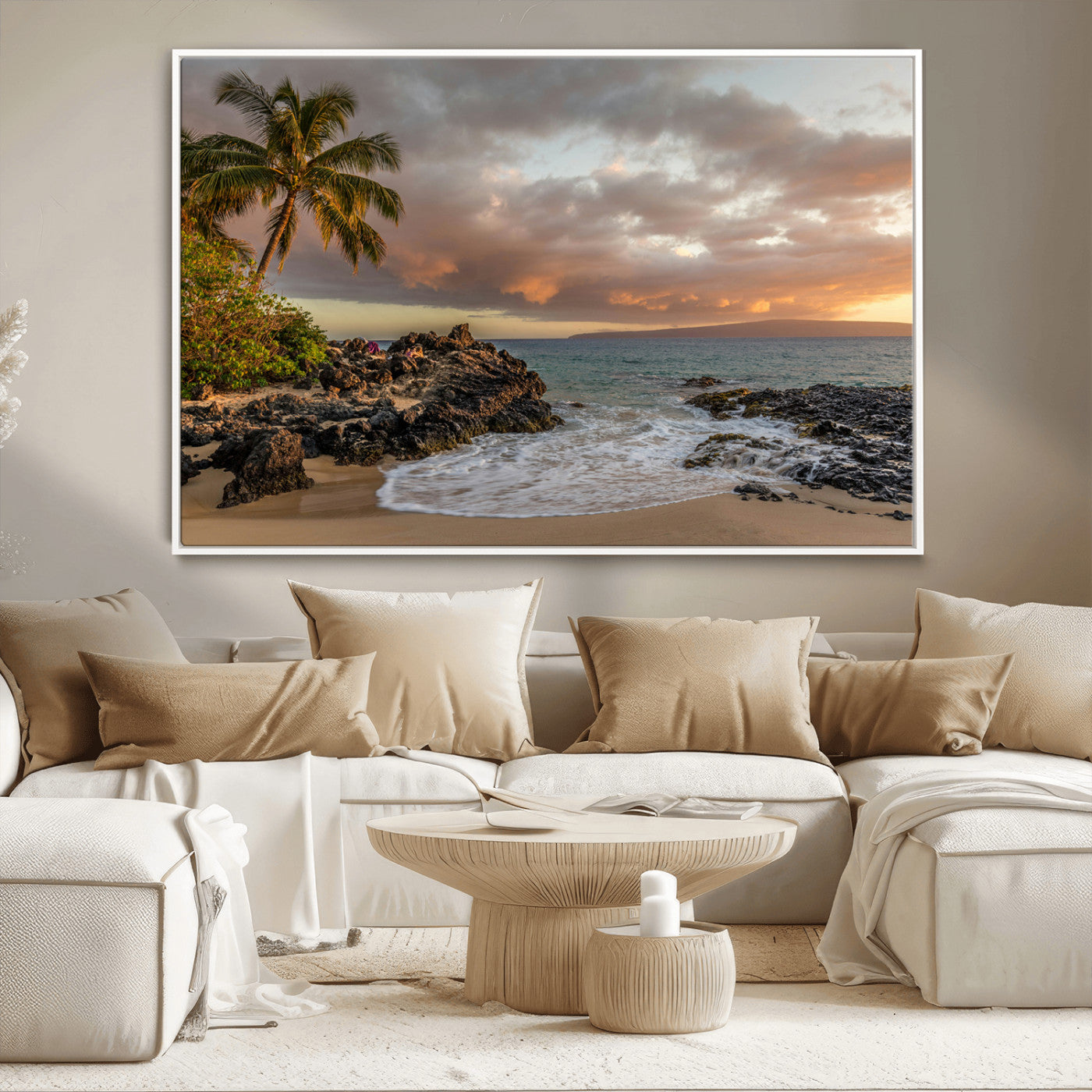55108220-MGV-CV-36X24-Tropical Beach Wall Art Canvas Print, Framed Hawaiian Sunset Art Picture Print, Ocean Waves Perfect Coastal Tropical Decor Artwork