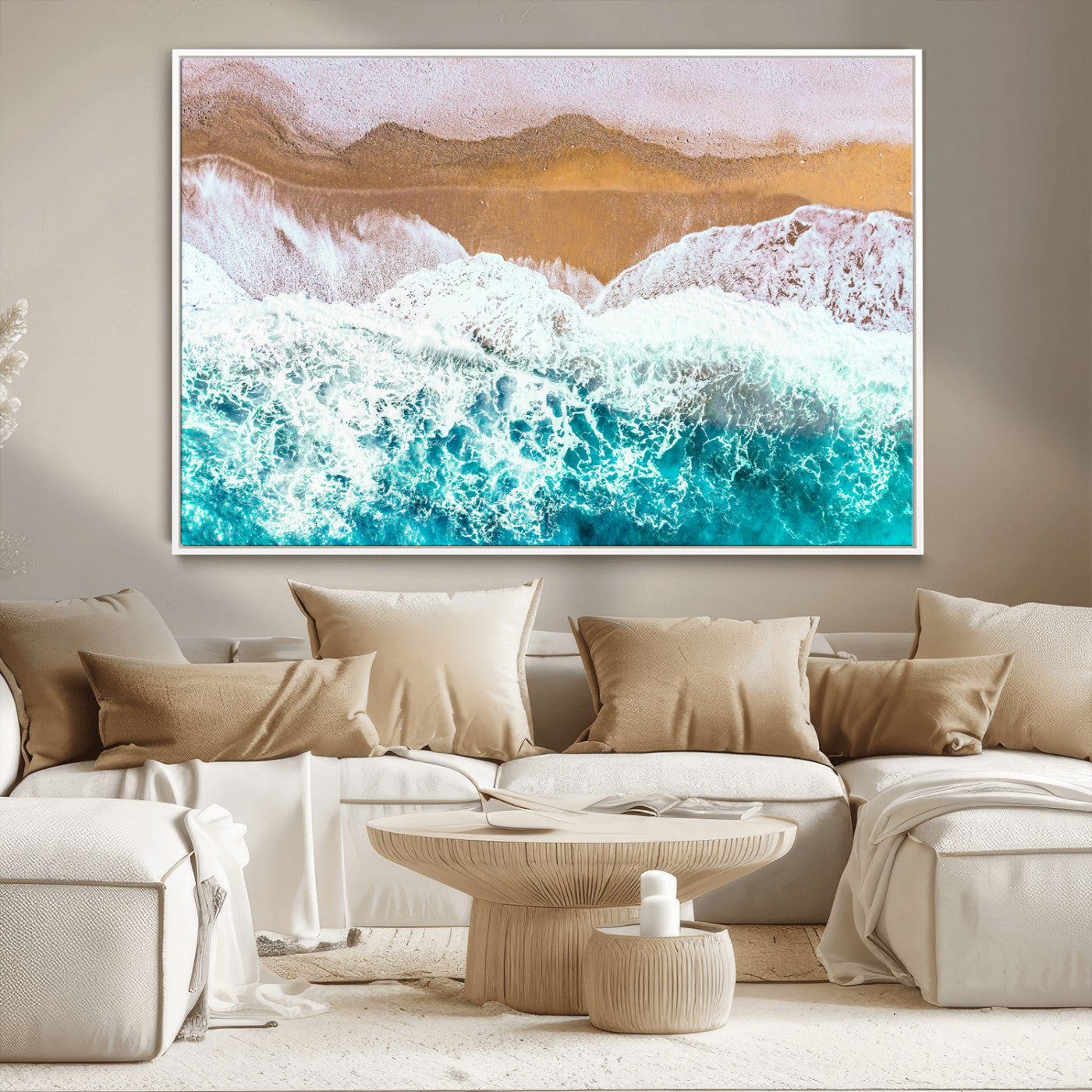 26870666-MGV-FC-36X24_White-Aerial Beach Wall Art Canvas Print, Framed Ocean Waves Art Picture Print, Coastal Landscape Perfect Coastal Minimalist Decor