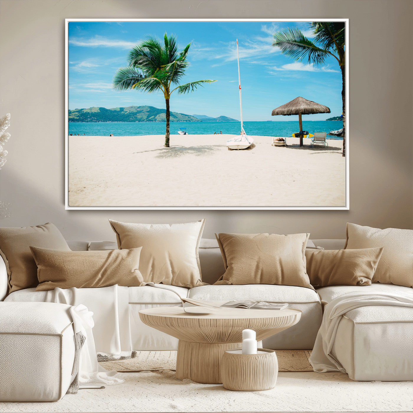 42623350-MGV-CV-36X24-Tropical Beach Wall Art Canvas Print, Framed Palm Tree Art Picture Print, Ocean View Perfect Tropical Coastal Decor Artwork