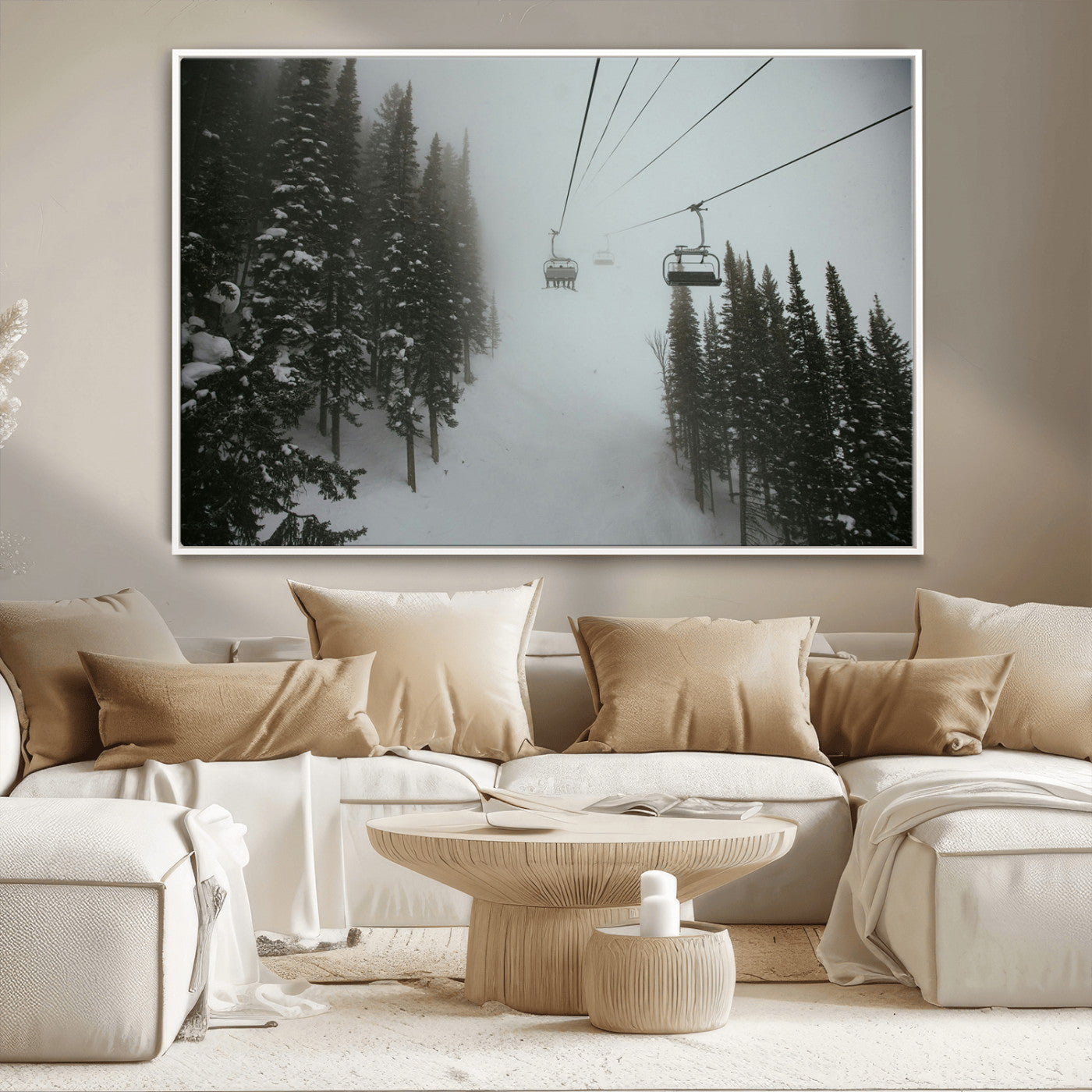 87018452-MGV-CV-36X24-Ski Lift Wall Art Canvas Print, Framed Snowy Pines Art Picture Print, Misty Landscape Perfect Winter Serenity Decor Artwork