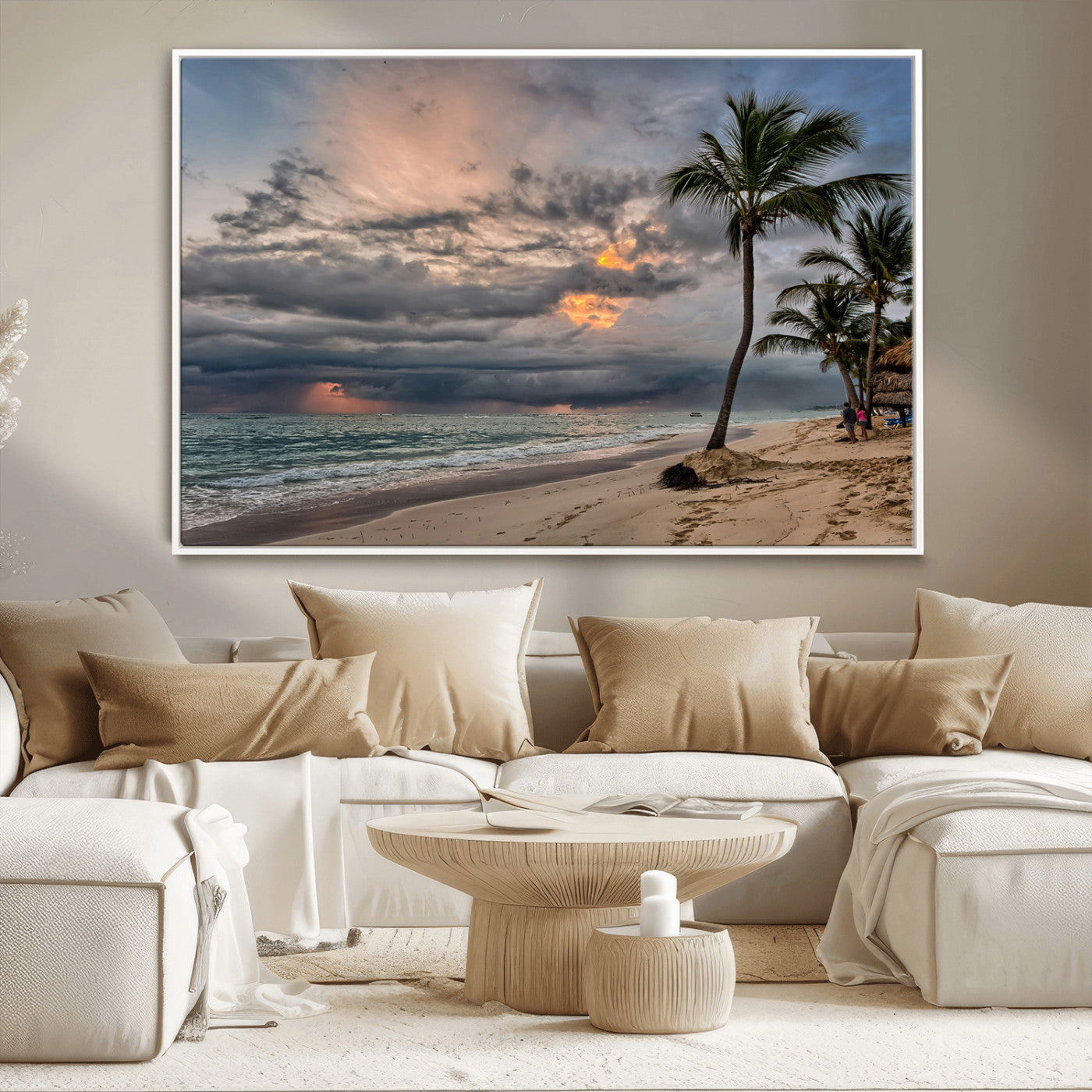 62574547-MGV-CV-36X24-Tropical Storm Wall Art Canvas Print, Framed Moody Beach Art Picture Print, Dramatic Sky Perfect Tropical Coastal Decor Artwork