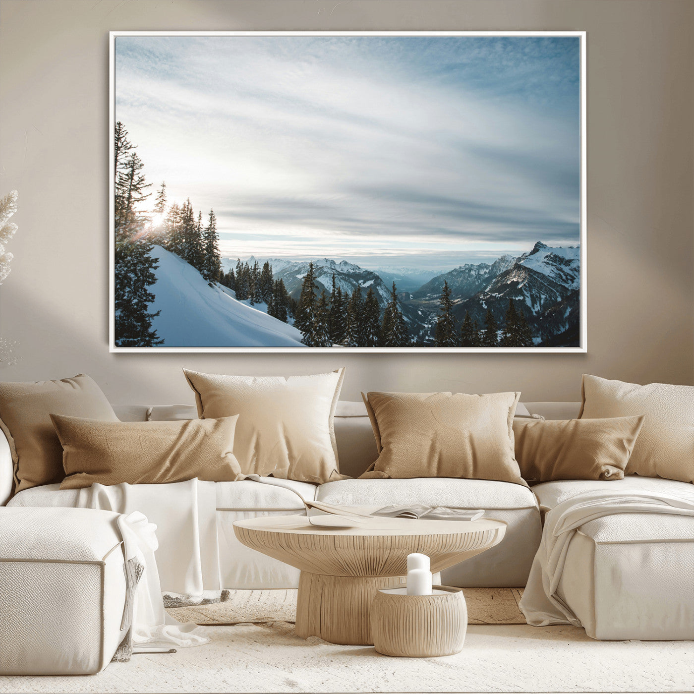 55564749-MGV-CV-36X24-Snowy Mountains Wall Art Canvas Print, Framed Alpine Landscape Art Picture Print, Frosty Peaks Perfect Nordic Minimalist Decor
