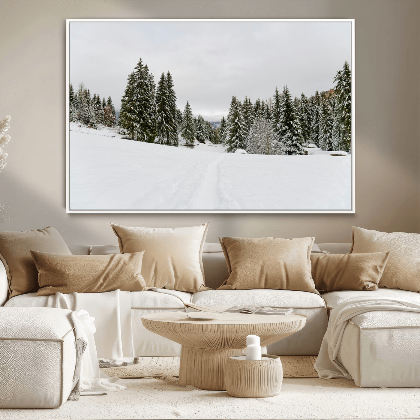 24581417-MGV-CV-36X24-Frosty Pines Wall Art Canvas Print, Framed Silent Snowfall Art Picture Print, Cozy Cabin Vibes Perfect Nordic Minimalist Decor