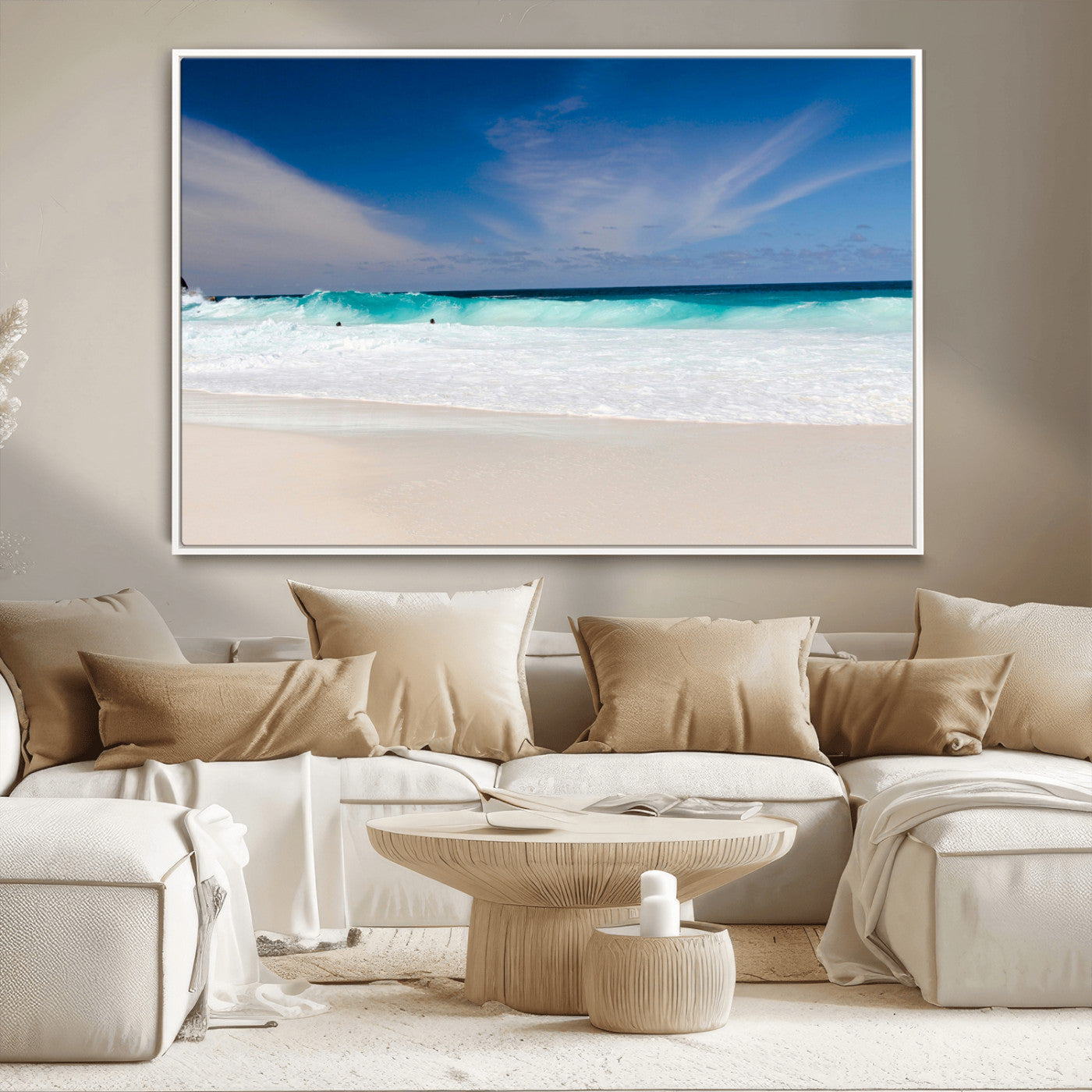 55017356-MGV-CV-36X24-Ocean Beach Wall Art – Turquoise Wave and White Sand Shoreline Canvas Print, Coastal Seascape Photography Decor for Living Room,