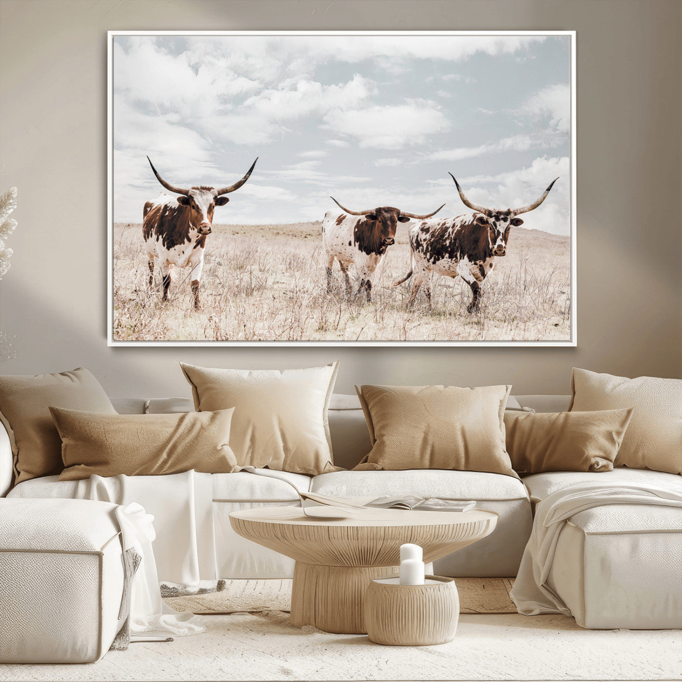 65621083-MGV-FC-36X24_White-Texas Longhorn Wall Art – Rustic Western Cattle Canvas Print, Southwestern Ranch Photography Decor for Living Room, Office,