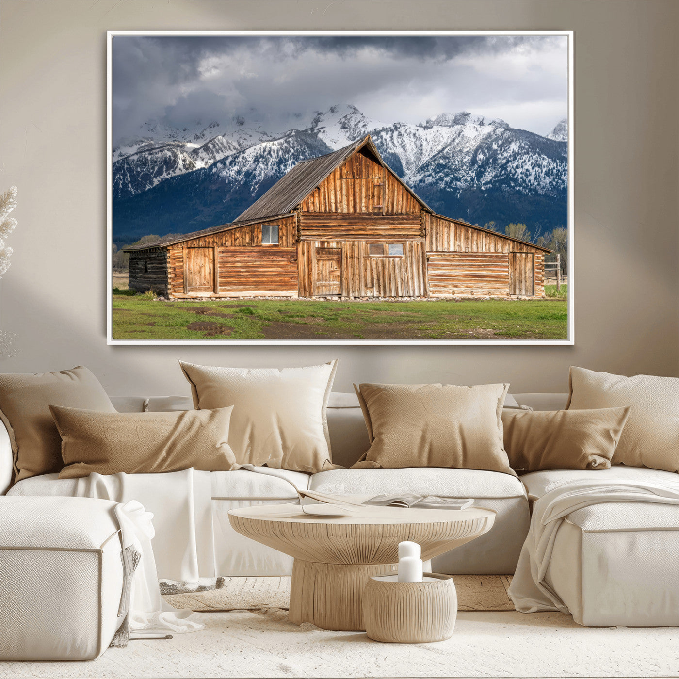 15173627-MGV-CV-36X24-Barn Wall Art – Rustic Wooden Cabin Canvas Print with Snowy Mountain Landscape, Western Farmhouse Country Decor for Living Room,