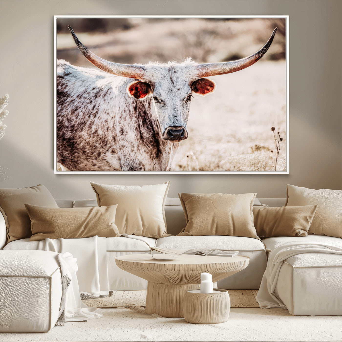 72388892-MGV-CV-36X24-Texas Longhorn Wall Art – Rustic Western Canvas Print, Cowboy Style Farmhouse Bull Artwork for Living Room, Ranch, Office or Man
