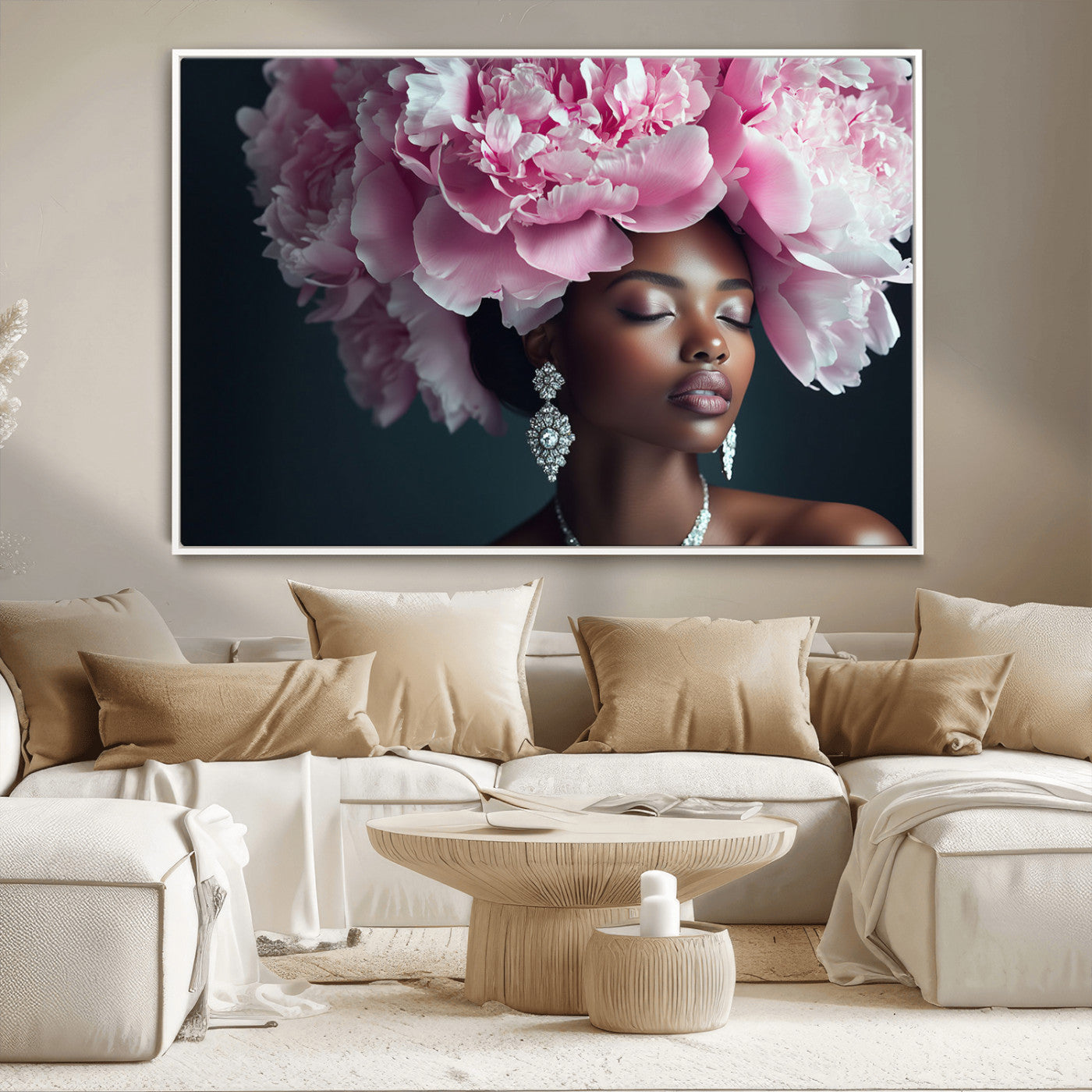 35482880-MGV-CV-36X24-Floral Portrait Wall Art – Elegant Woman with Pink Peony Headpiece Canvas Print, Luxury Fashion Inspired Artwork, Modern Glam