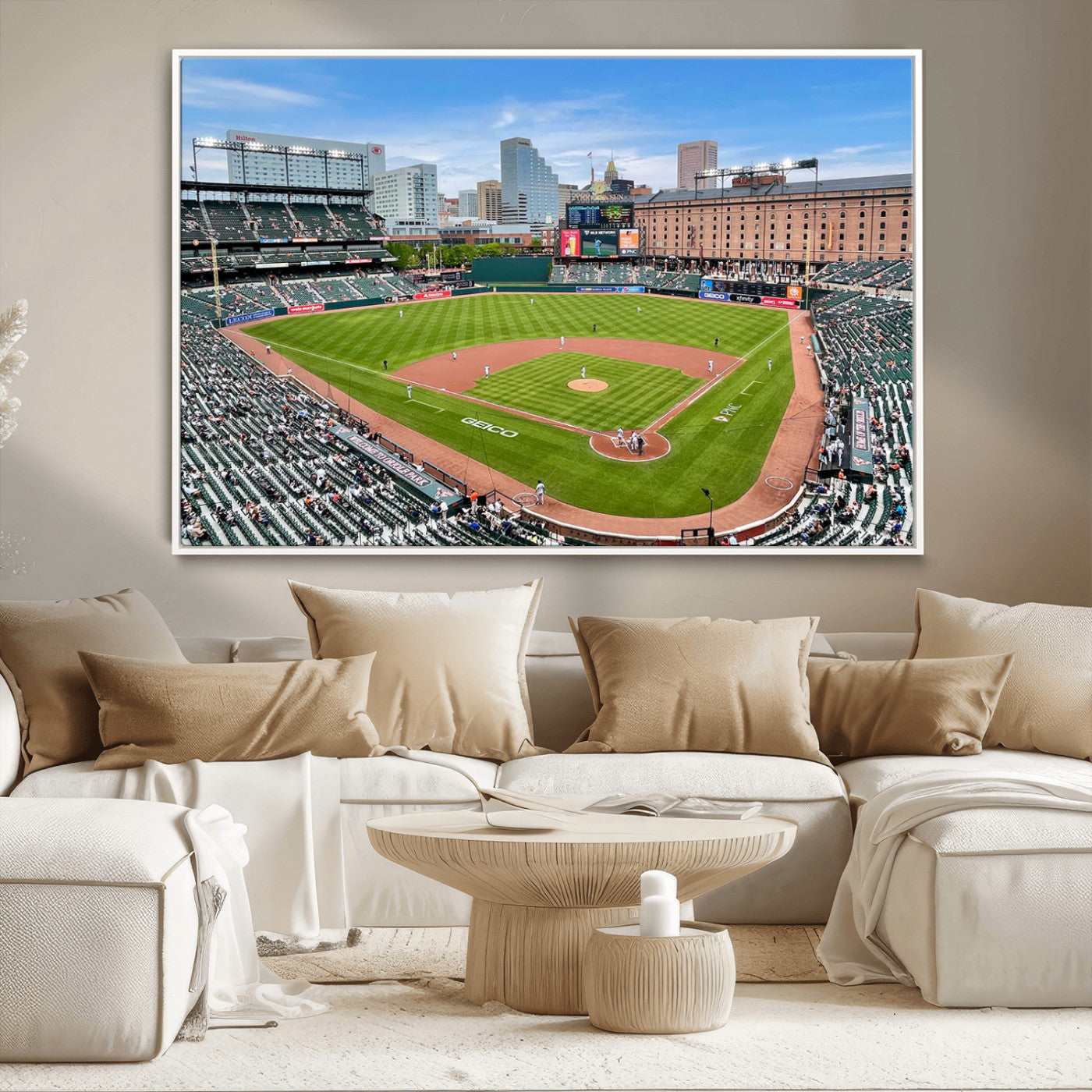 76426407-MGV-CV-36X24-Baseball Stadium Daytime – Panoramic Ballpark Canvas Wall Art, Sports Decor for Office, Man Cave, Game Room, Sports Bar, Baseball