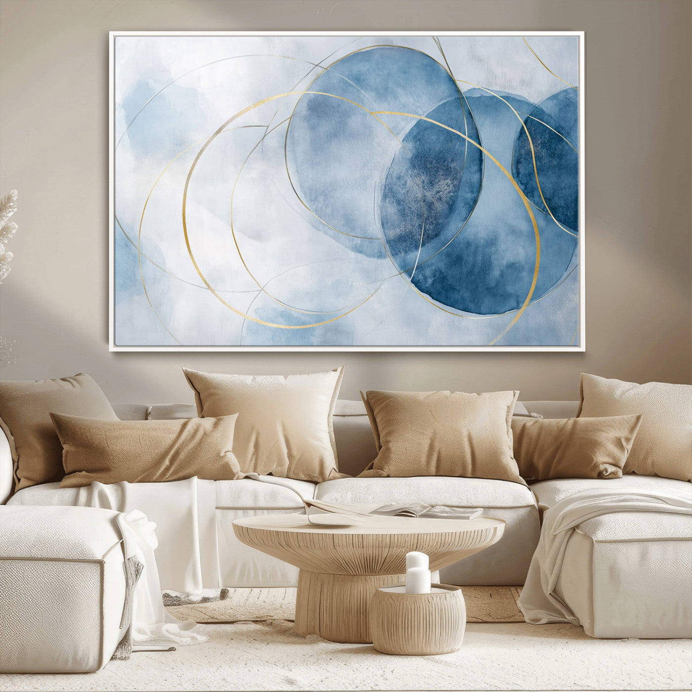 47060443-MGV-CV-36X24-Blue Abstract Circle Wall Art – Modern Gold and Navy Canvas Print, Minimalist Geometric Painting for Living Room, Bedroom, Office