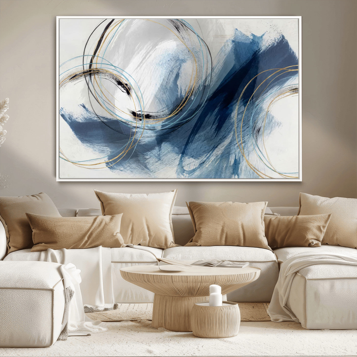 49589477-MGV-CV-36X24-Blue Abstract Wall Art – Modern Circle Canvas Print with Gold and Black Accents, Contemporary Fluid Brushstroke Painting for