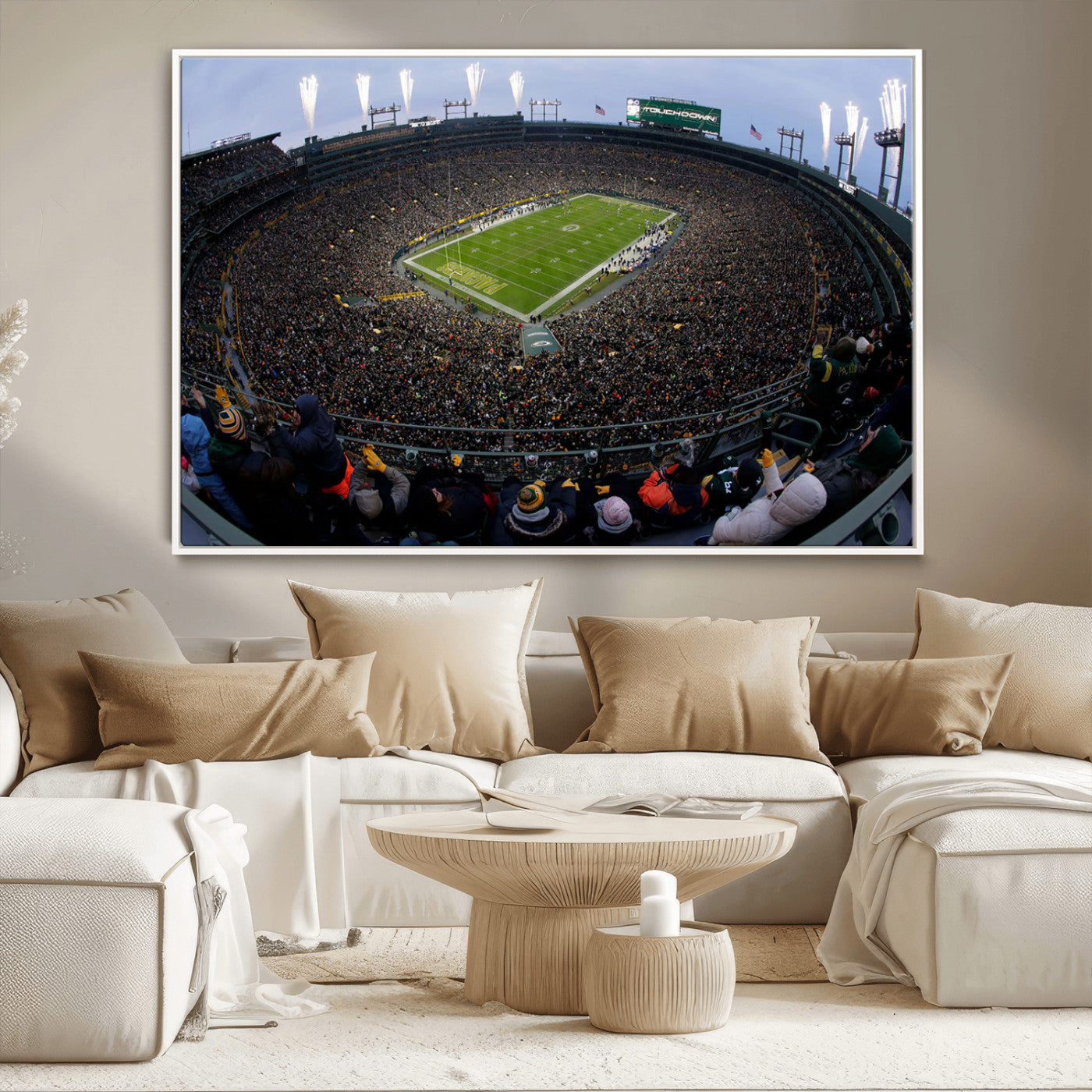 14387817-MGV-CV-36X24-Lambeau Field Stadium Wall Art – Green Bay Packers Game Day Canvas Print with Fireworks and Crowd – NFL Football Fan Man Cave