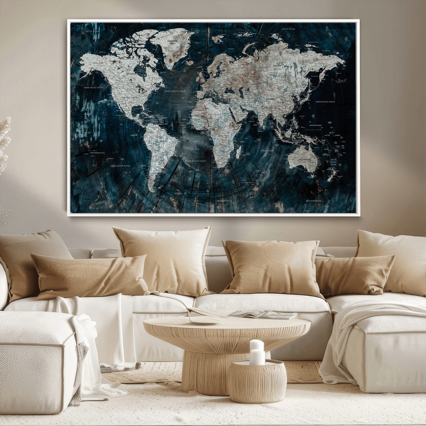 34425609-MGV-CV-36X24-World Map Wall Art – Rustic Navy and Grey Atlas Canvas Print, Distressed Explorer Map Artwork, Industrial Style Decor for Office,