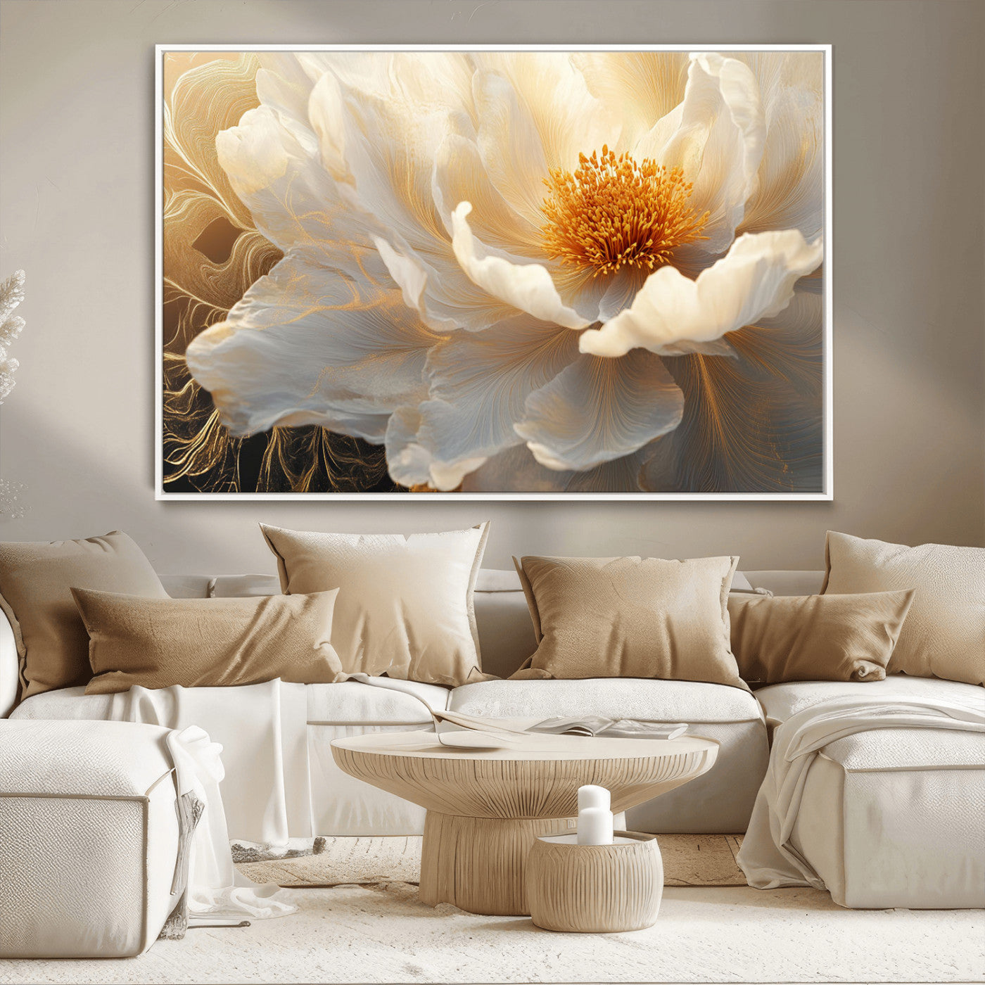 29539087-MGV-CV-36X24-Floral Wall Art – Elegant White and Gold Bloom Canvas Print, Romantic Modern Flower Artwork for Bedroom, Living Room, or Office