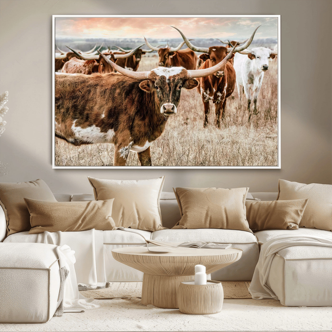 47758300-MGV-CV-36X24-Texas Longhorn Cattle Wall Art – Rustic Western Herd Canvas Print, Cowboy Ranch Farmhouse Decor for Living Room, Office, or