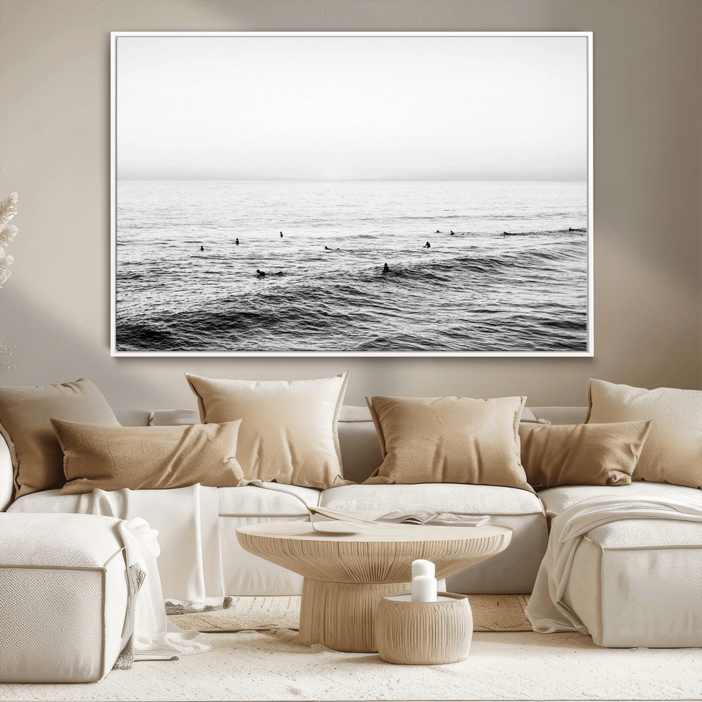 47208268-MGV-CV-36X24-Surfer Ocean Wall Art – Black and White Coastal Canvas Print, Minimalist Surfing Seascape Decor for Living Room, Bedroom, or Beach
