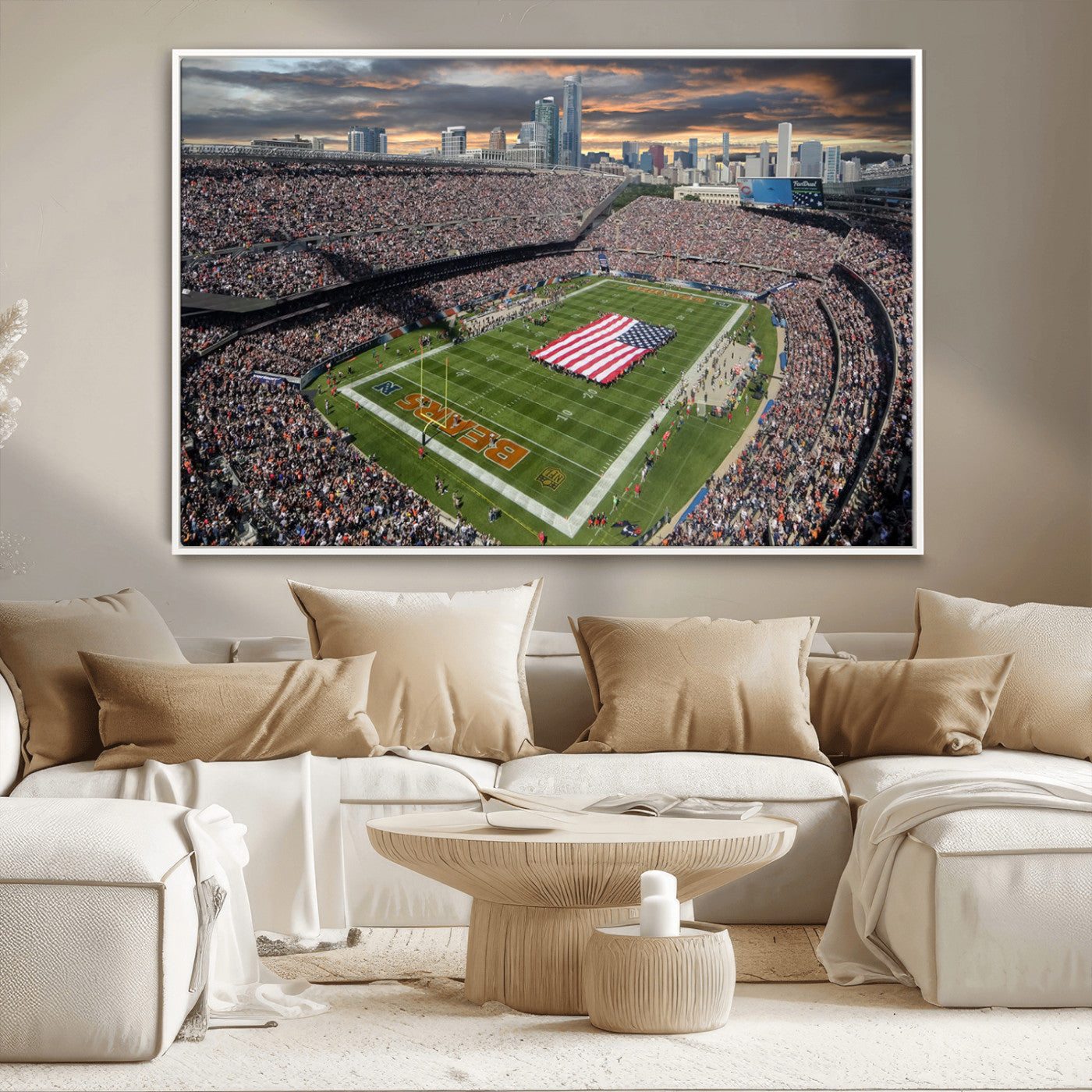98106777-MGV-CV-36X24-Soldier Field Wall Art – Chicago Bears Stadium Canvas Print with American Flag, Game Day Football Decor for Man Cave, Bar, or