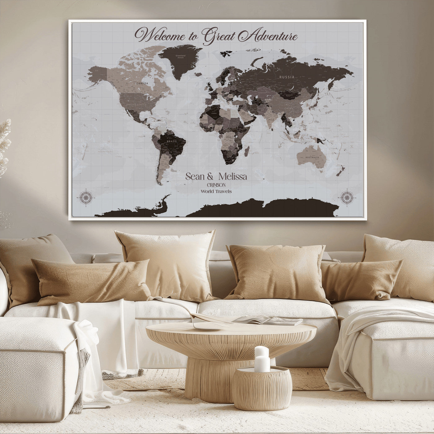 43749658-MGV-CV-36X24-Welcome to Great Adventure World Map Wall Art – Charcoal Gray Canvas Print, Rustic Travel Decor for Living Room, Study, Office or