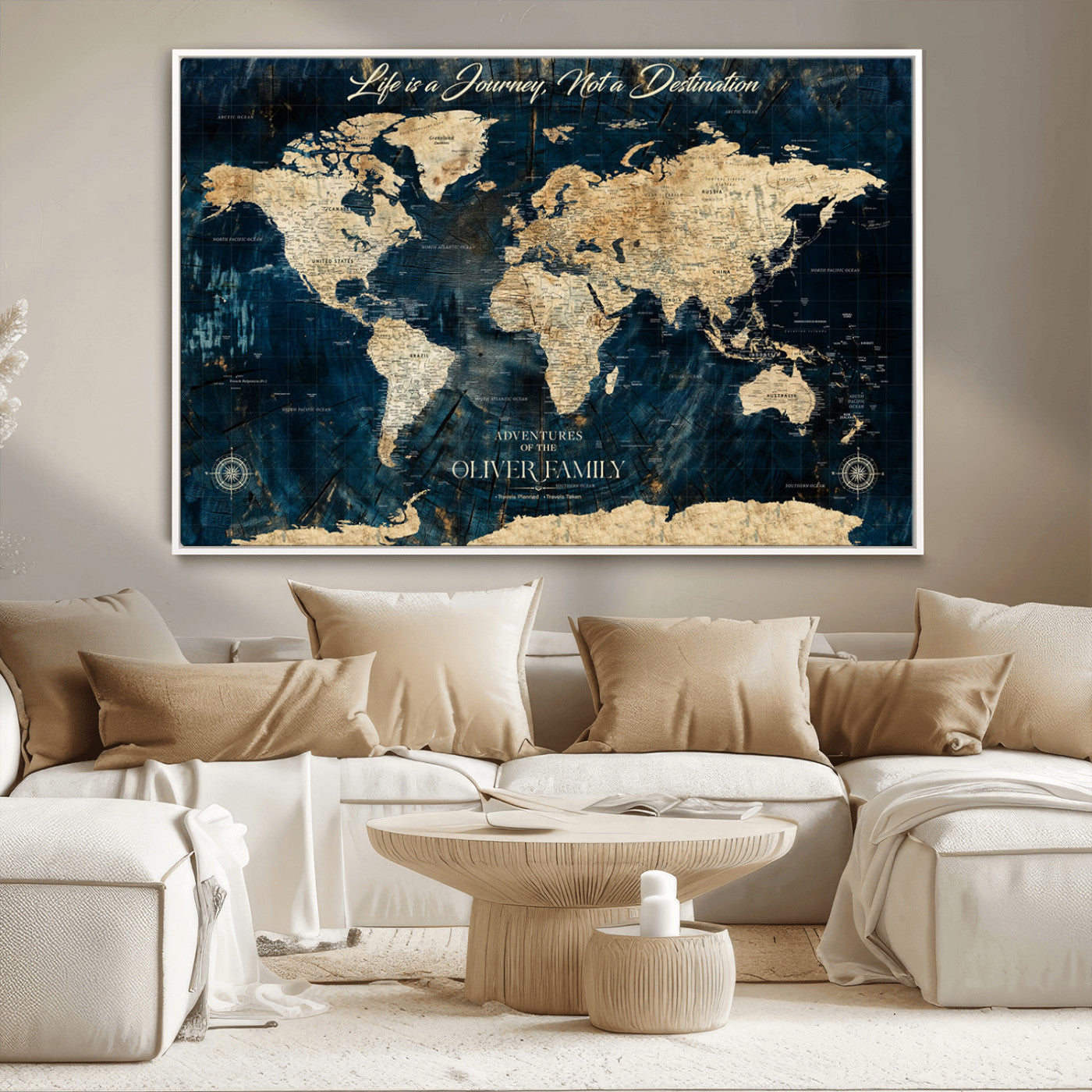 36970886-MGV-CV-36X24-Life is a Journey Not a Destination World Map Rustic Navy Beige Vintage Travel Wall Art Adventure Quote Canvas Print for Home