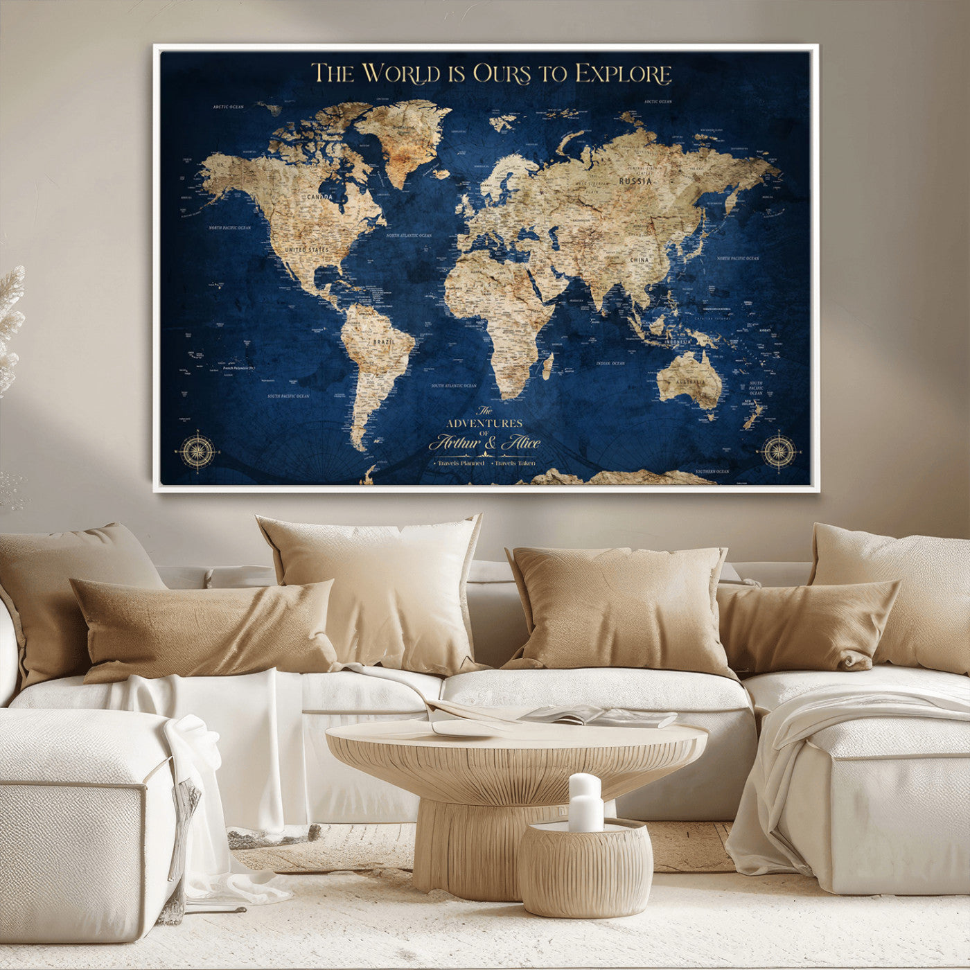 54782997-MGV-CV-36X24-The World is Ours to Explore Wall Art – Blue World Map Canvas Print, Adventure Travel Decor for Home, Office or Living Room,
