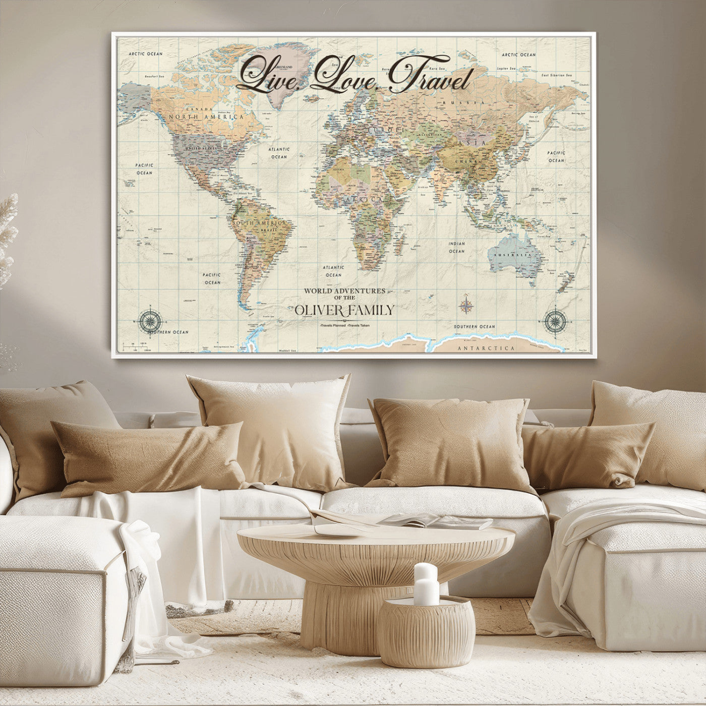 19479008-MGV-CV-36X24-Live Love Travel Wall Art – Detailed World Map Canvas Print, Adventure Decor for Living Room, Office or Bedroom, Travel Gift for