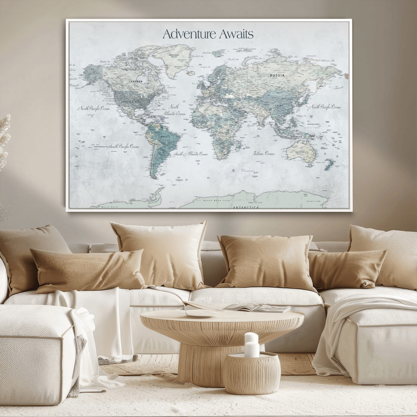 TEST111-MGV-CV-36X24-Personalized Adventure Awaits Push Pin World Map – Custom Framed Travel Tracker Canvas Wall Art for Home, Office