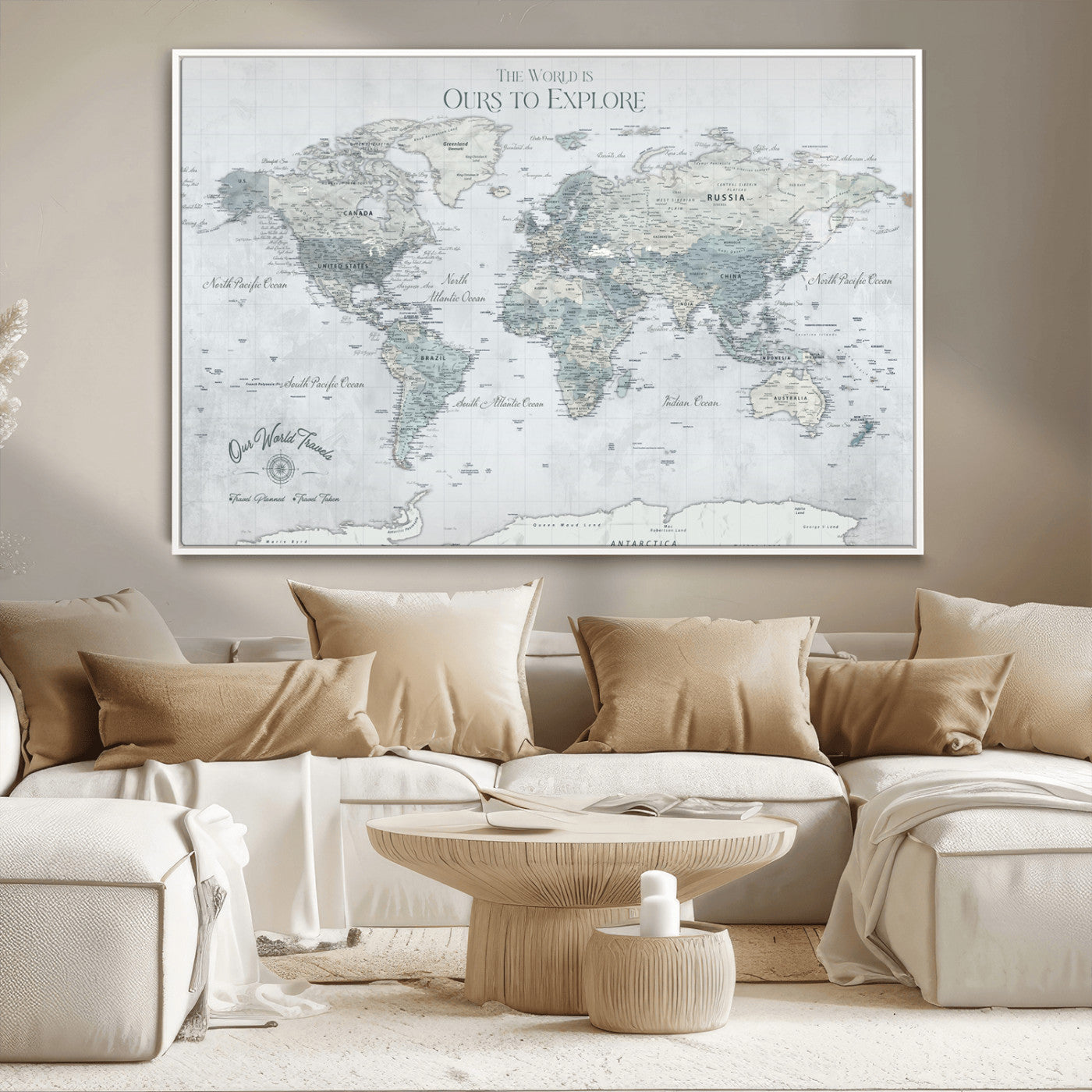 94249974-MGV-CV-36X24-Ours Explore World Map Wall Art – Modern Travel Canvas Print, Neutral Adventure Decor for Living Room, Office, Study, Bedroom,