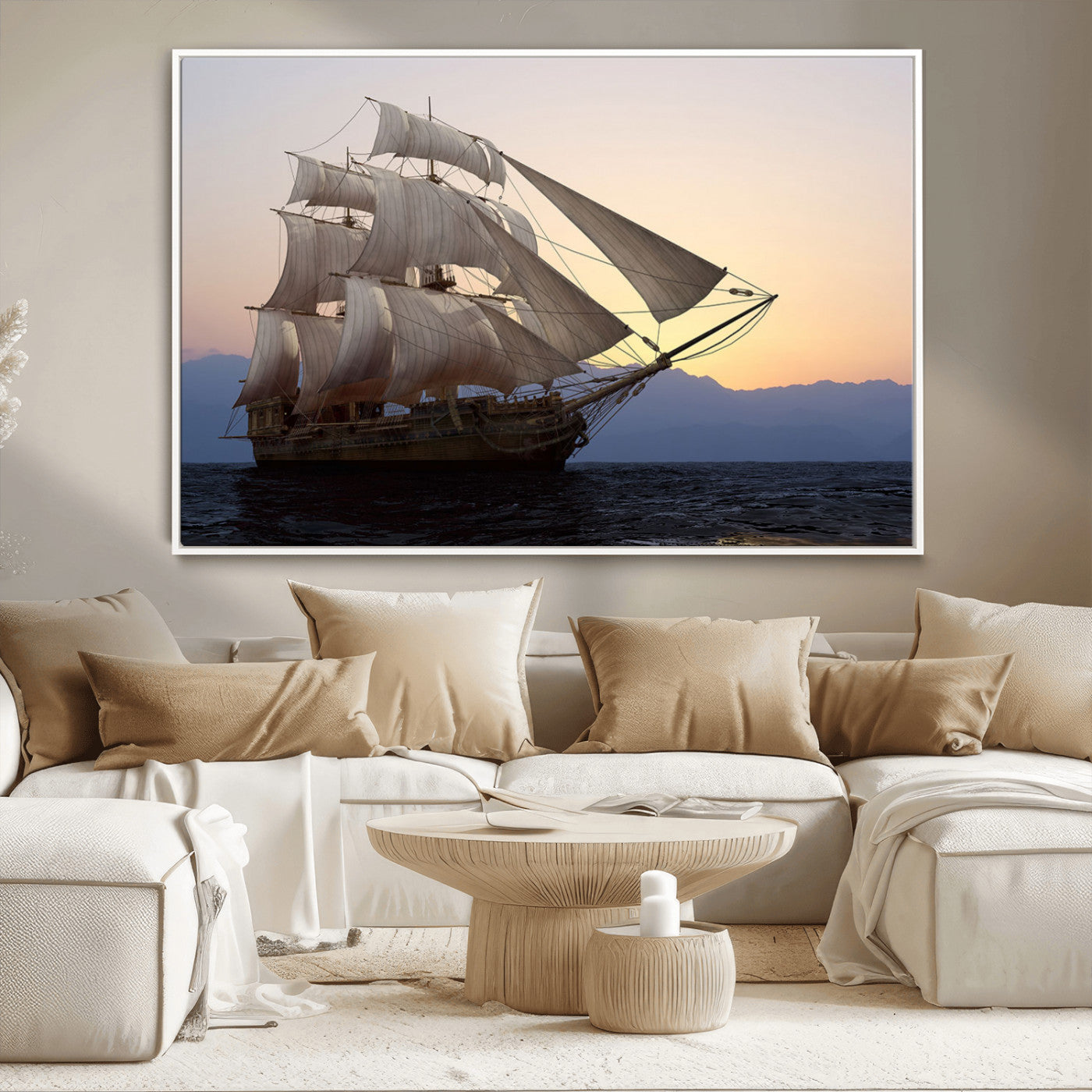 31270610-MGV-CV-36X24-Sailing Ship Wall Art – Sunset Seascape Canvas Print with Tall Ship at Sea, Nautical Ocean Decor for Living Room, Office, or