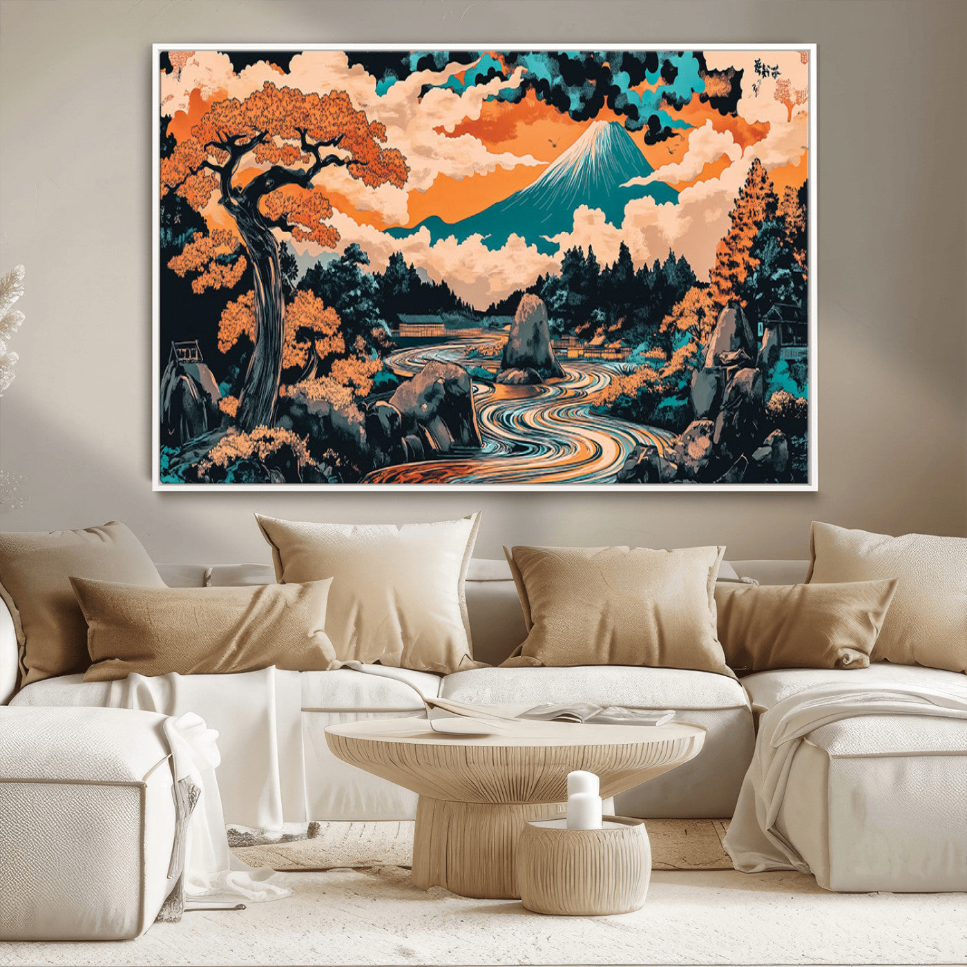 21638941-MGV-CV-36X24-Japanese Landscape Wall Art – Mount Fuji and Flowing River Ukiyo-e Style Canvas Print, Traditional Japan Inspired Artwork for