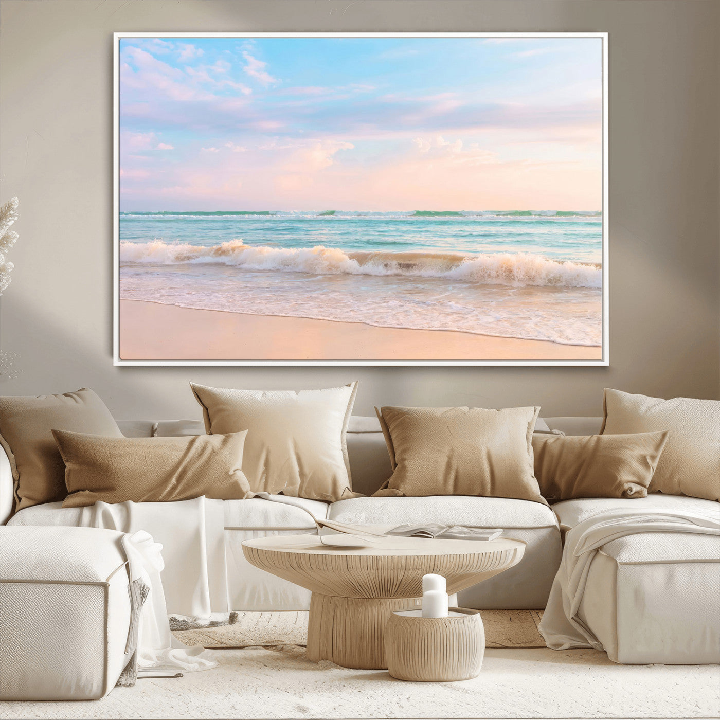 88024944-MGV-CV-36X24-Beach Landscape Wall Art – Coastal Ocean Canvas Print with Gentle Waves and Pastel Sky, Serene Seascape Photography for Living