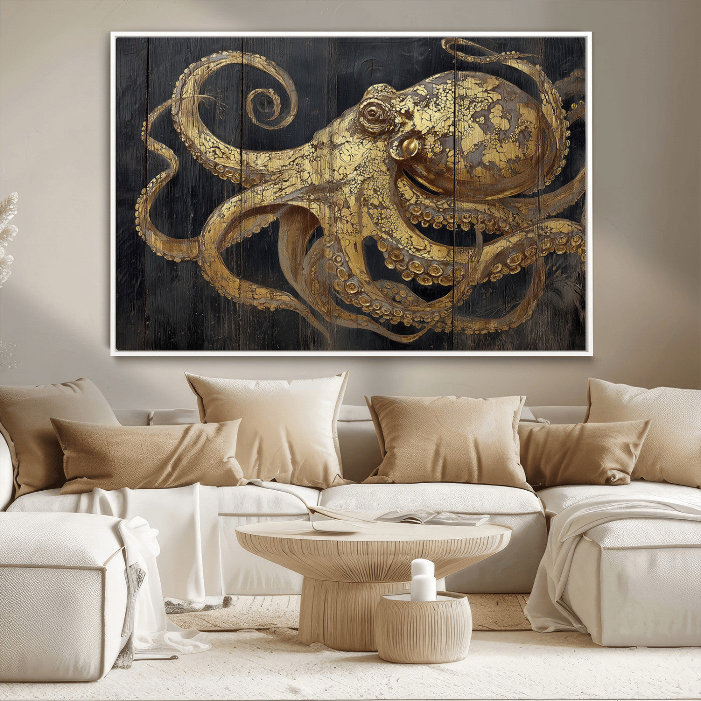 47056538-MGV-CV-36X24-Octopus Wall Art – Gold Nautical Canvas Print with Rustic Wood Texture, Marine Creature Artwork for Coastal Ocean Decoration in