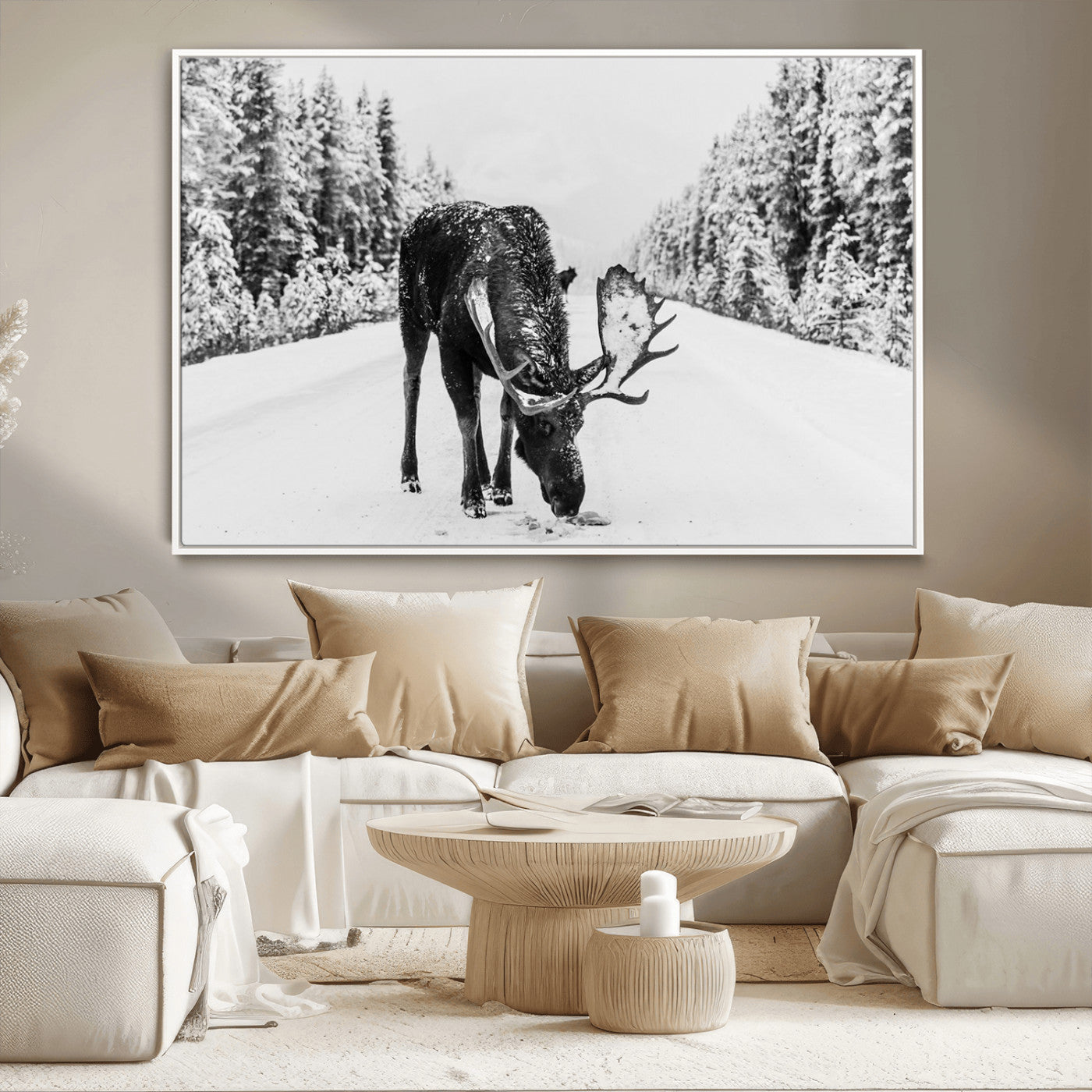 38956835-MGV-CV-36X24-Moose Winter Snowy Forest Canvas Wall Art – Wildlife Nature, Antlers in Frozen Landscape, Quiet Path, Cold Season Outdoors Print