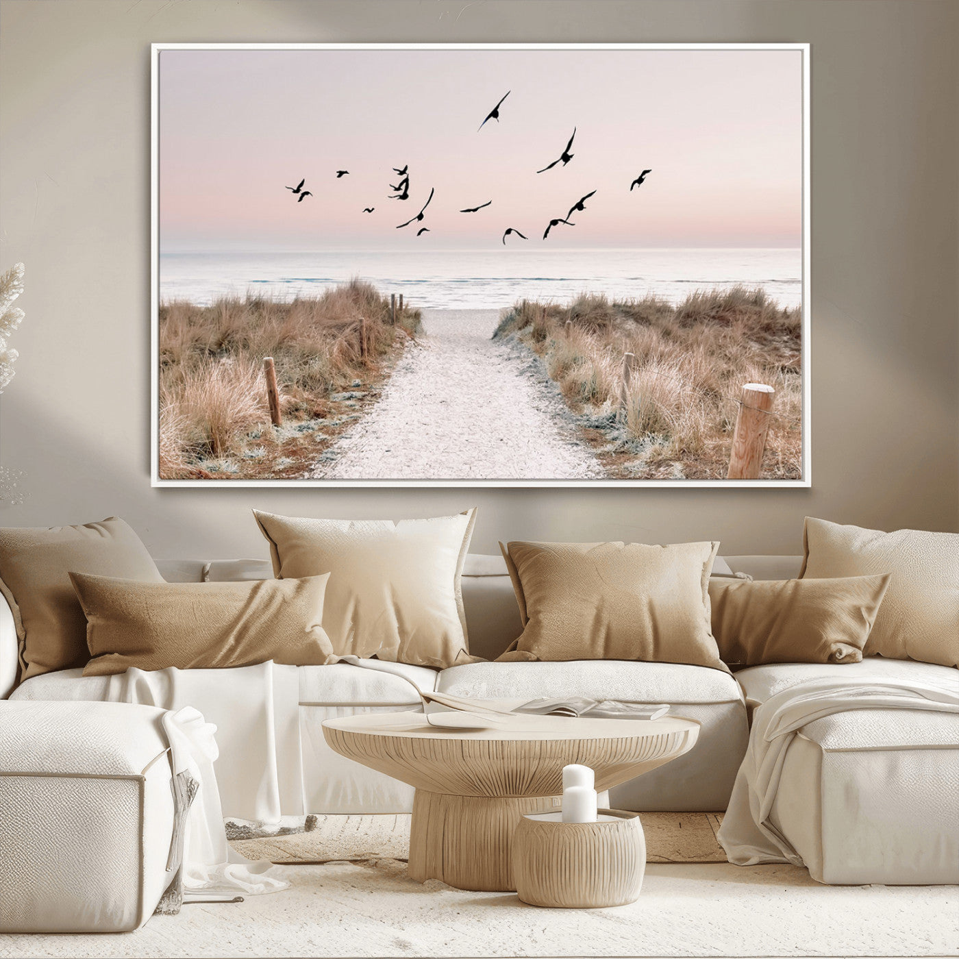 34632598-MGV-CV-36X24-Beach Pathway Wall Art – Coastal Canvas Print with Sandy Trail, Flying Birds and Pastel Sky, Serene Ocean Landscape Photography