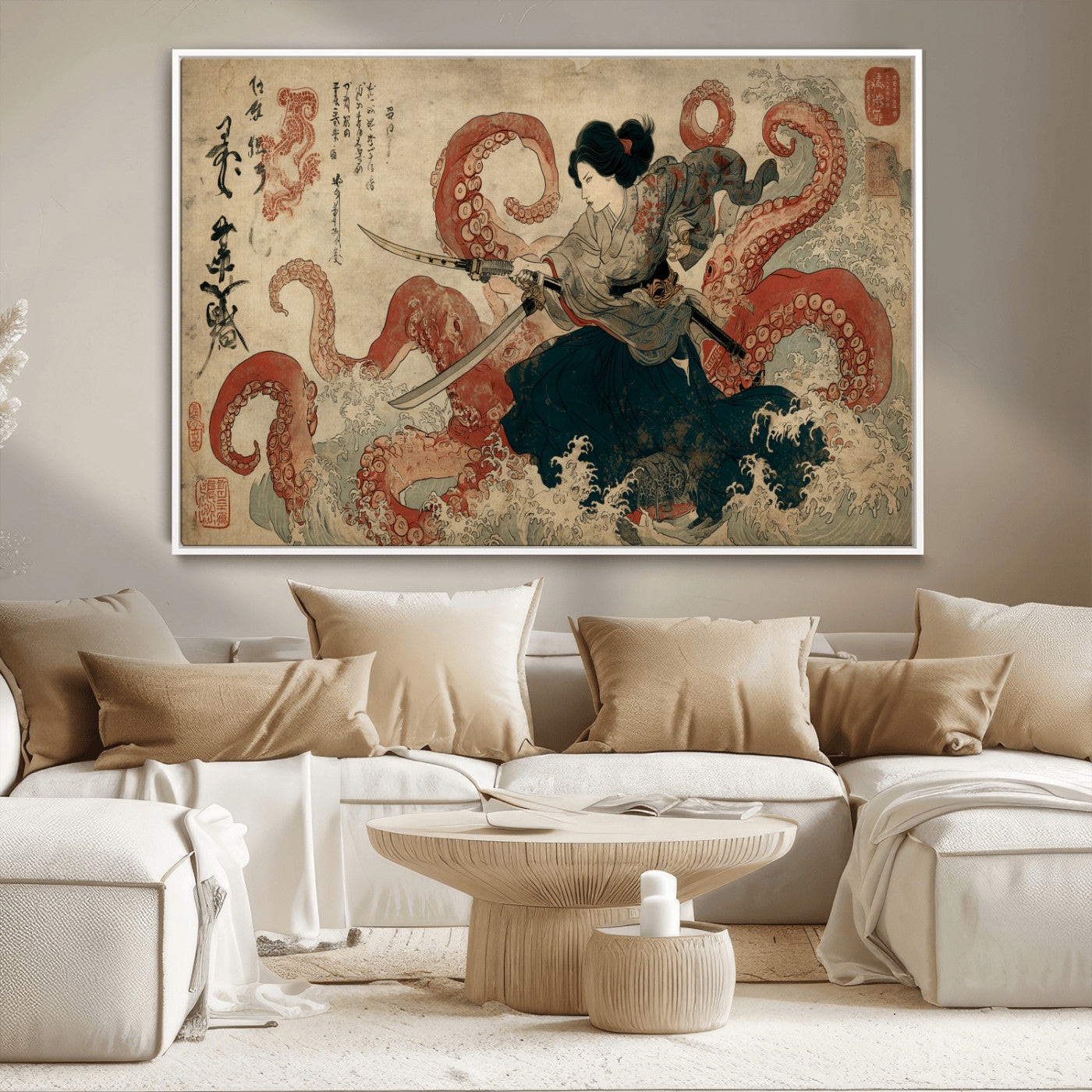 50812504-MGV-CV-36X24-Tsukioka Yoshitoshi Samurai Wall Art Print, Japanese Katana Warrior Canvas Wall Art, Octopus Sea Monster Canvas Print,