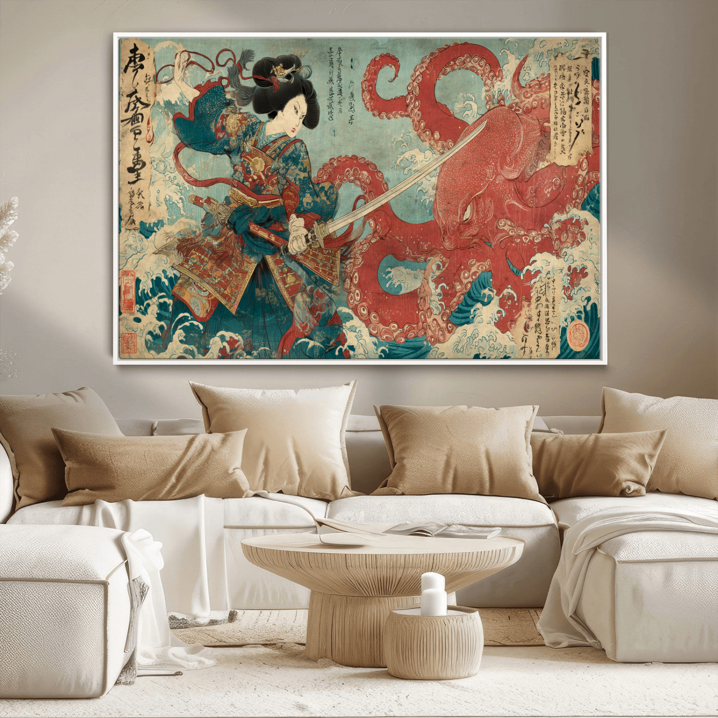 68844327-MGV-CV-36X24-Tsukioka Yoshitoshi Samurai Wall Art Print, Japanese Katana Warrior Canvas Wall Art, Octopus Sea Monster Canvas Print,