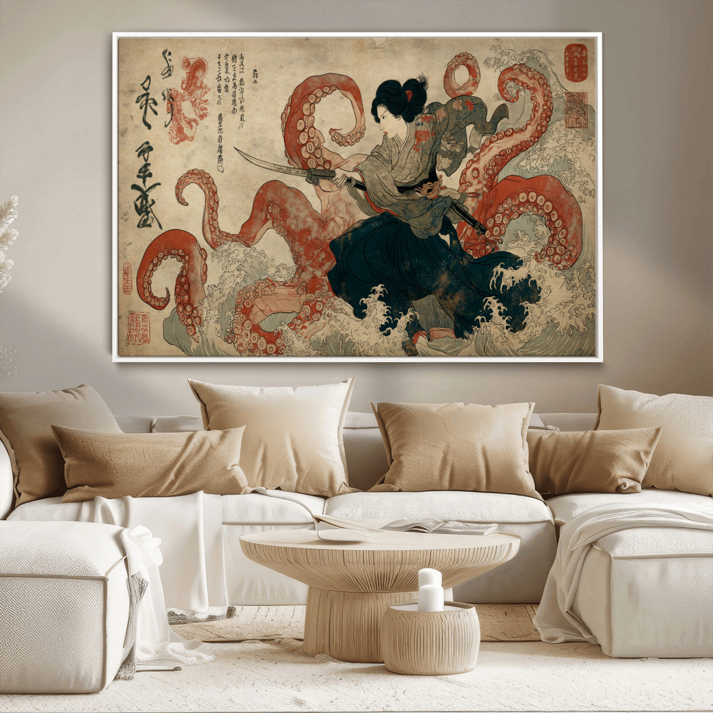 82737246-MGV-CV-36X24-Samurai Woman vs Octopus Wall Art – Japanese Ukiyo-e Dual Sword Canvas Print, Red Tentacle Ocean Battle Artwork for Living Room,