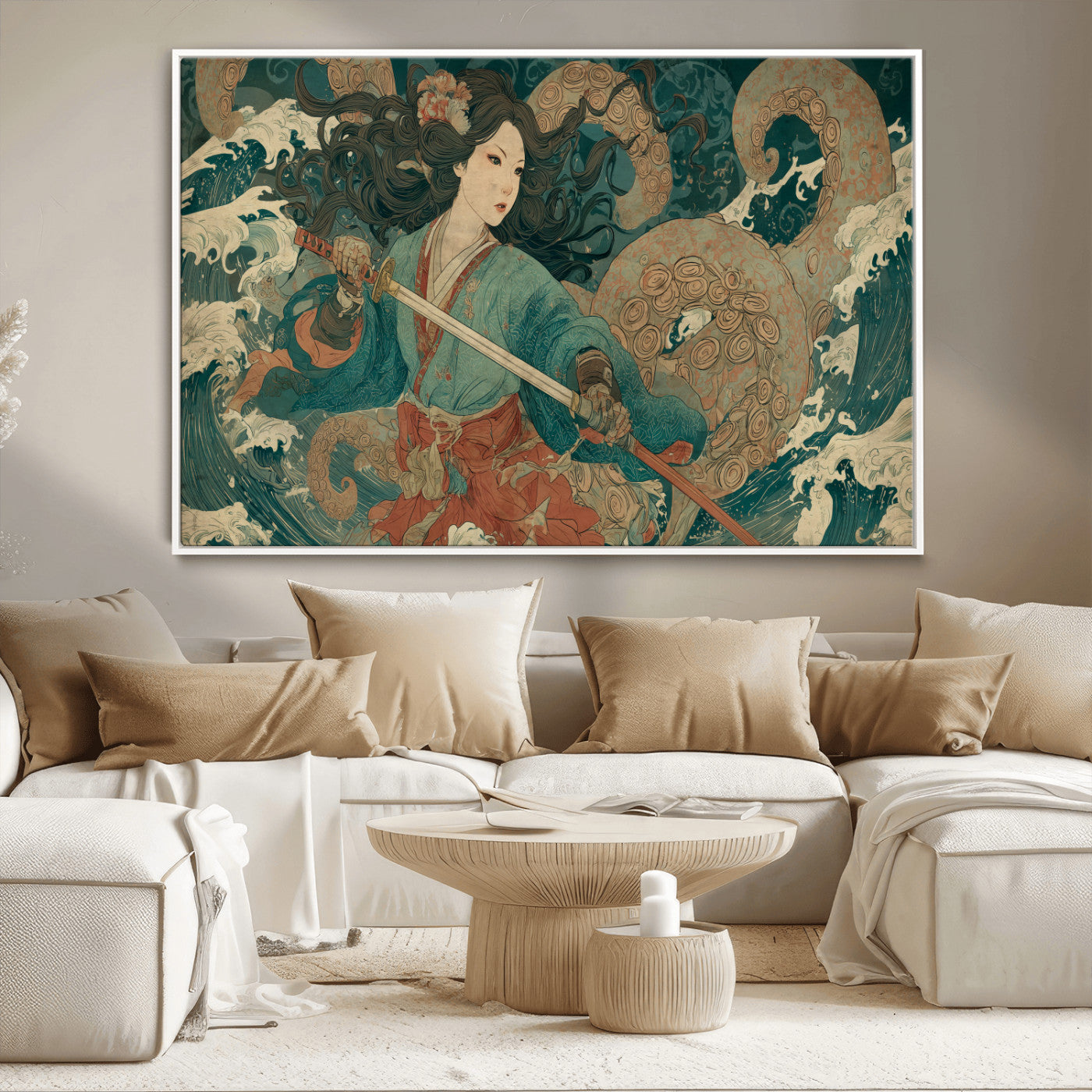 79740258-MGV-CV-36X24-Tsukioka Yoshitoshi Samurai Wall Art Print, Japanese Katana Warrior Canvas Wall Art, Octopus Sea Monster Canvas Print,