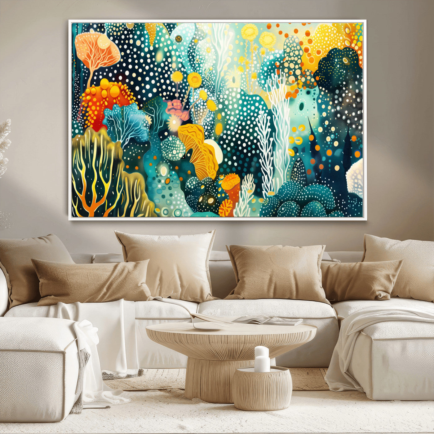 61631606-MGV-CV-36X24-Abstract Coral Reef Wall Art – Colorful Ocean Inspired Print with Vibrant Blue, Yellow, and Orange, Modern Coastal Decor for Home