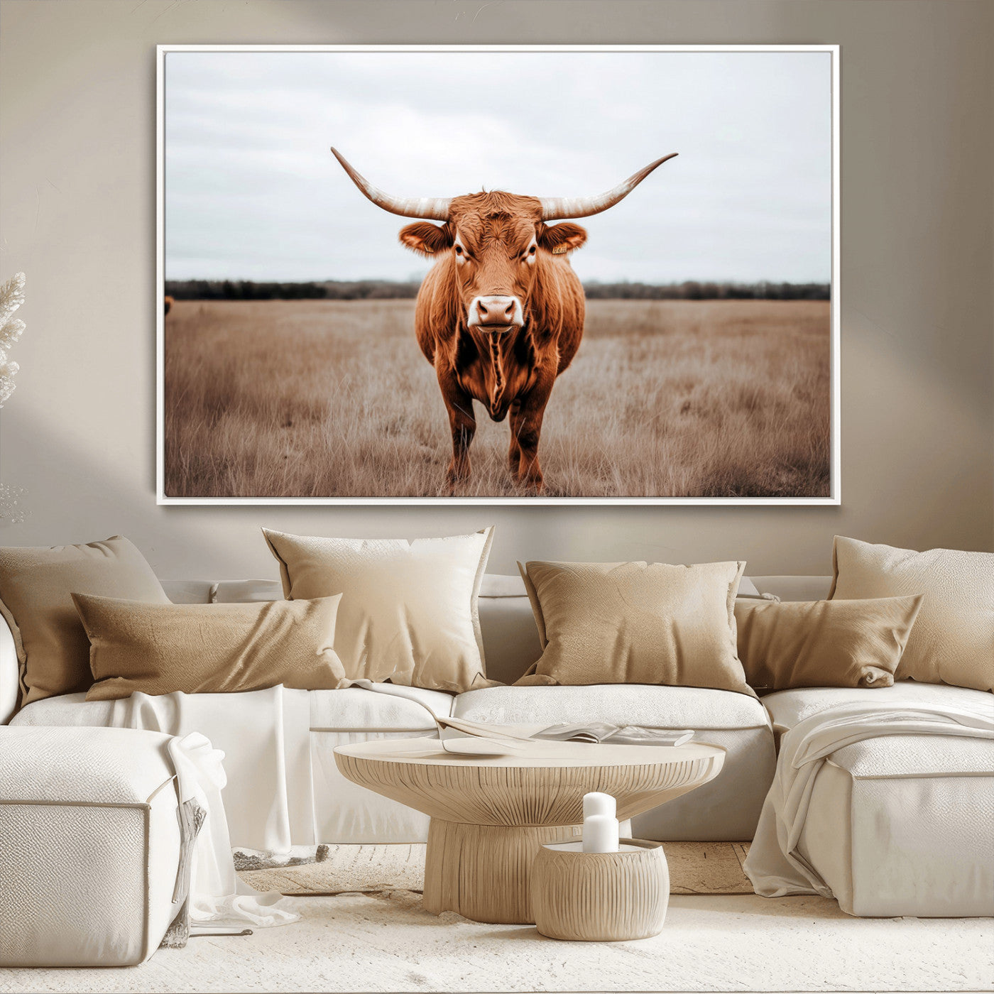 16316734-MGV-CV-36X24-Texas Longhorn Wall Art – Rustic Bull Portrait Canvas Print, Western Farmhouse Animal Photography Decor for Living Room, Office,