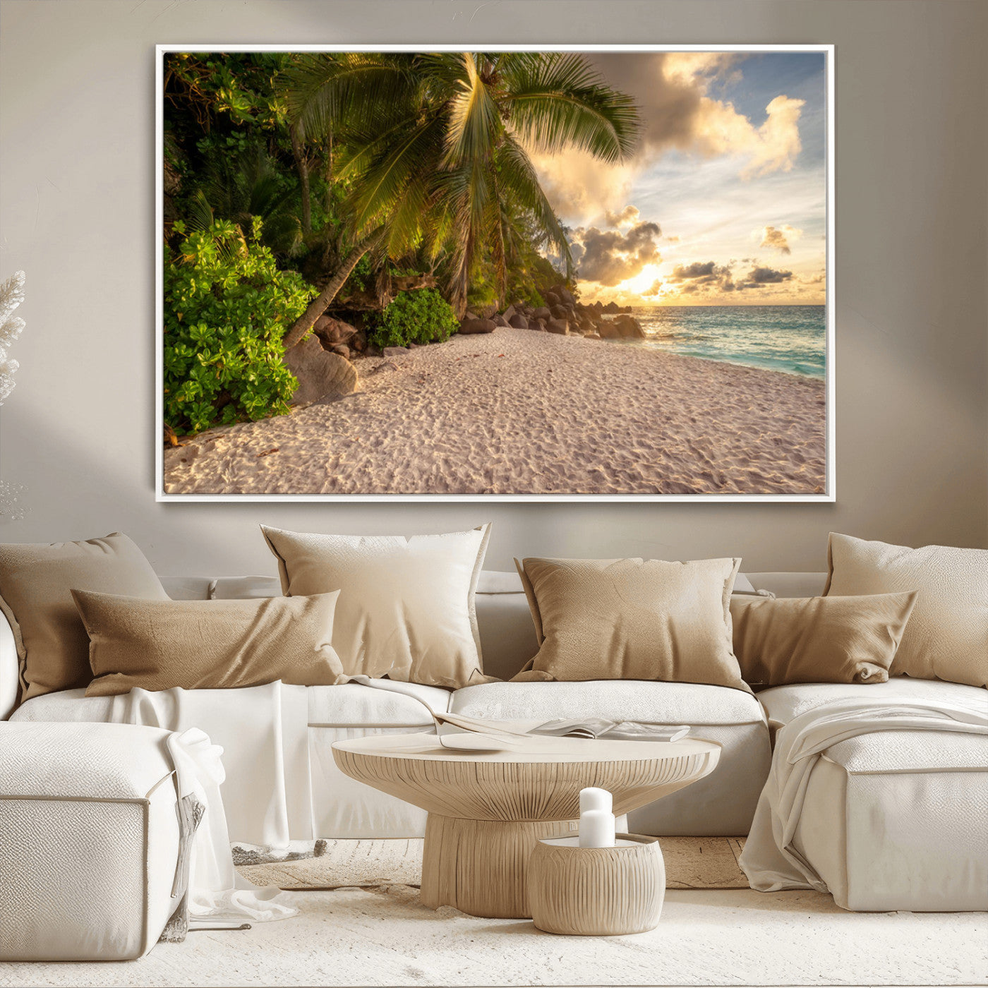 89531159-MGV-CV-36X24-Tropical Beach Sunset Canvas Wall Art – Palm Trees Golden Sand Ocean Waves Coastal Paradise Print for Beach House Bedroom Bathroom