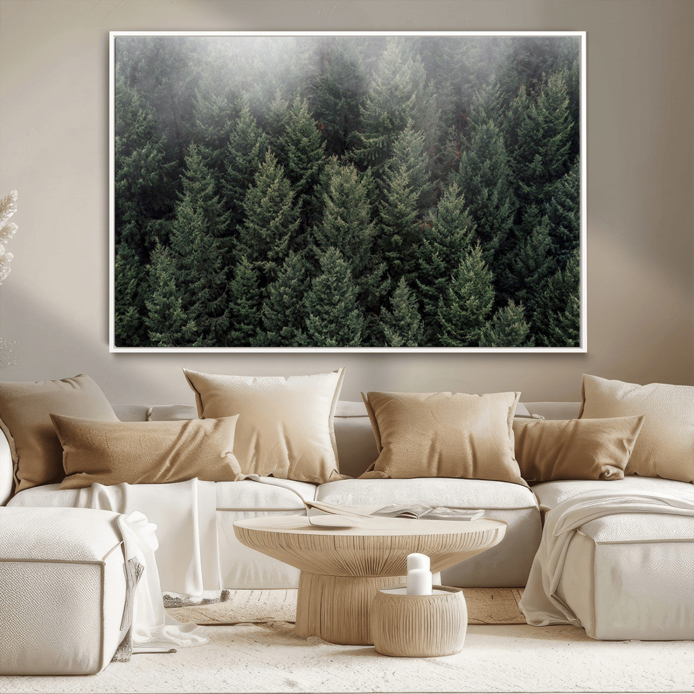 84059409-MGV-CV-36X24-Forest Wall Art – Misty Evergreen Trees Canvas Print, Tranquil Nature Photography Decor for Bedroom, Living Room, Office, Cabin or