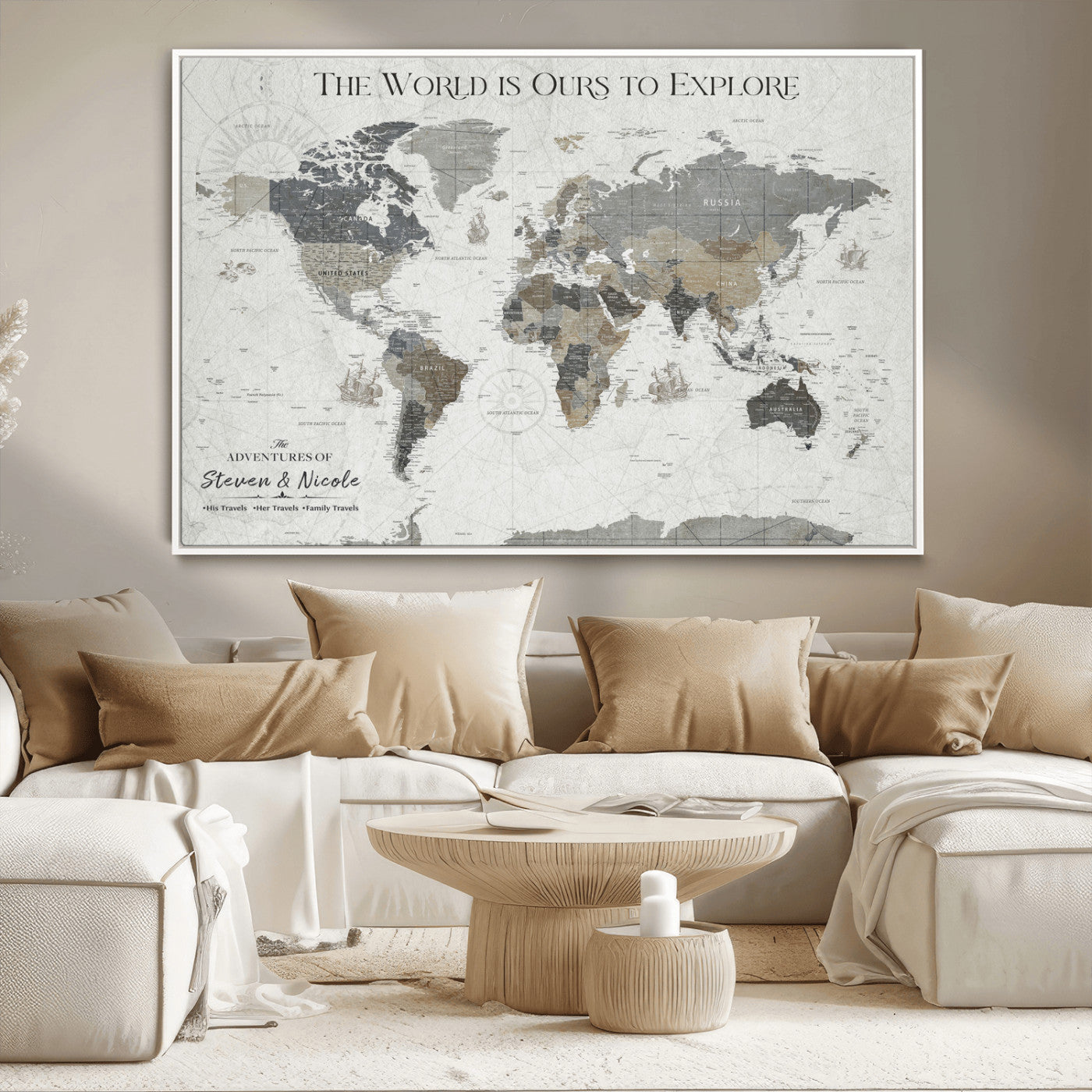 97082026-MGV-CV-36X24-Personalized World Map Wall Art – Vintage Gray Adventure Travel Map with Custom Couple or Family Names, Rustic Wall Decor for Home