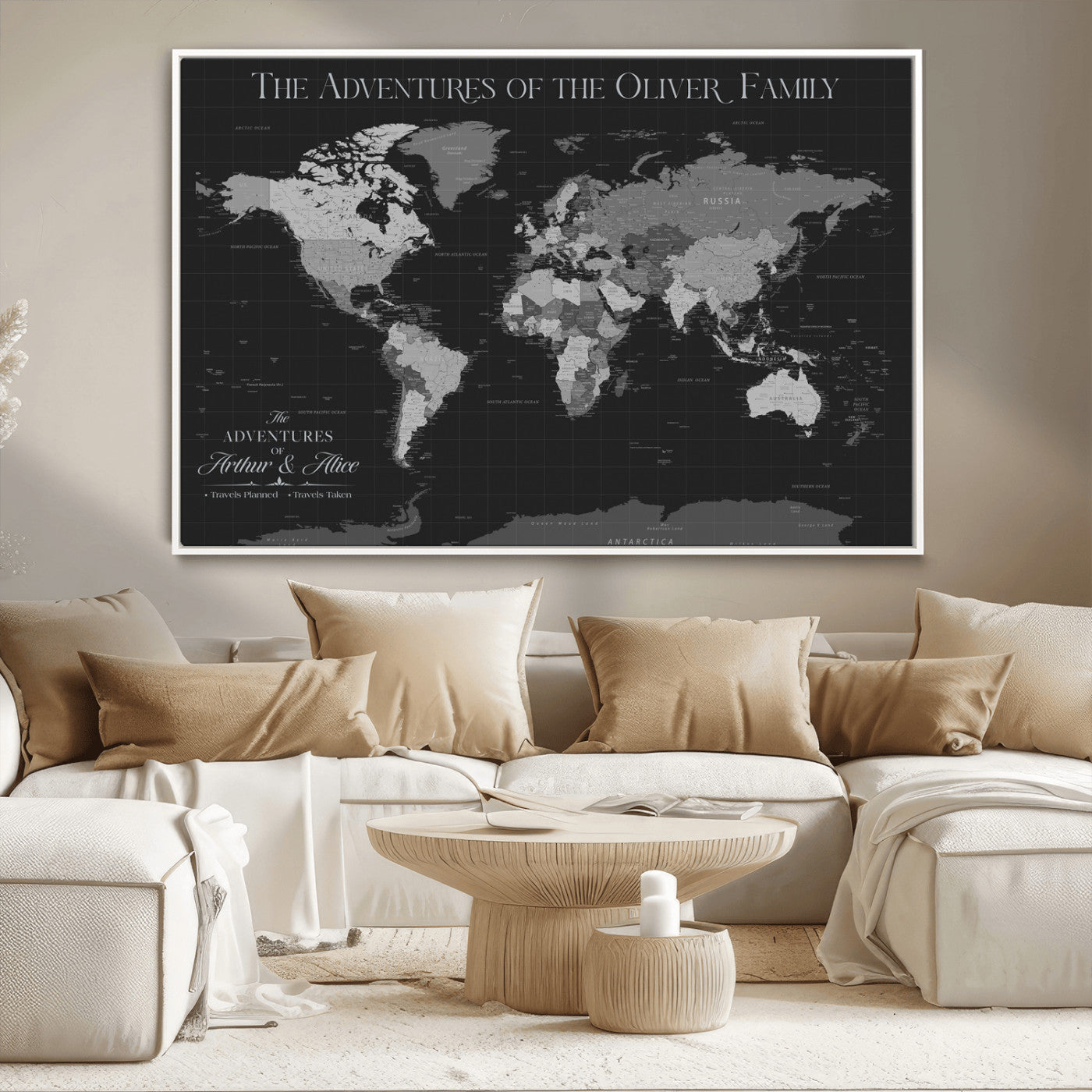 46064114-MGV-CV-36X24-Personalized World Map Wall Art – Black & Grey Adventure Travel Map with Custom Family or Couple Names, Modern Wall Decor for Home