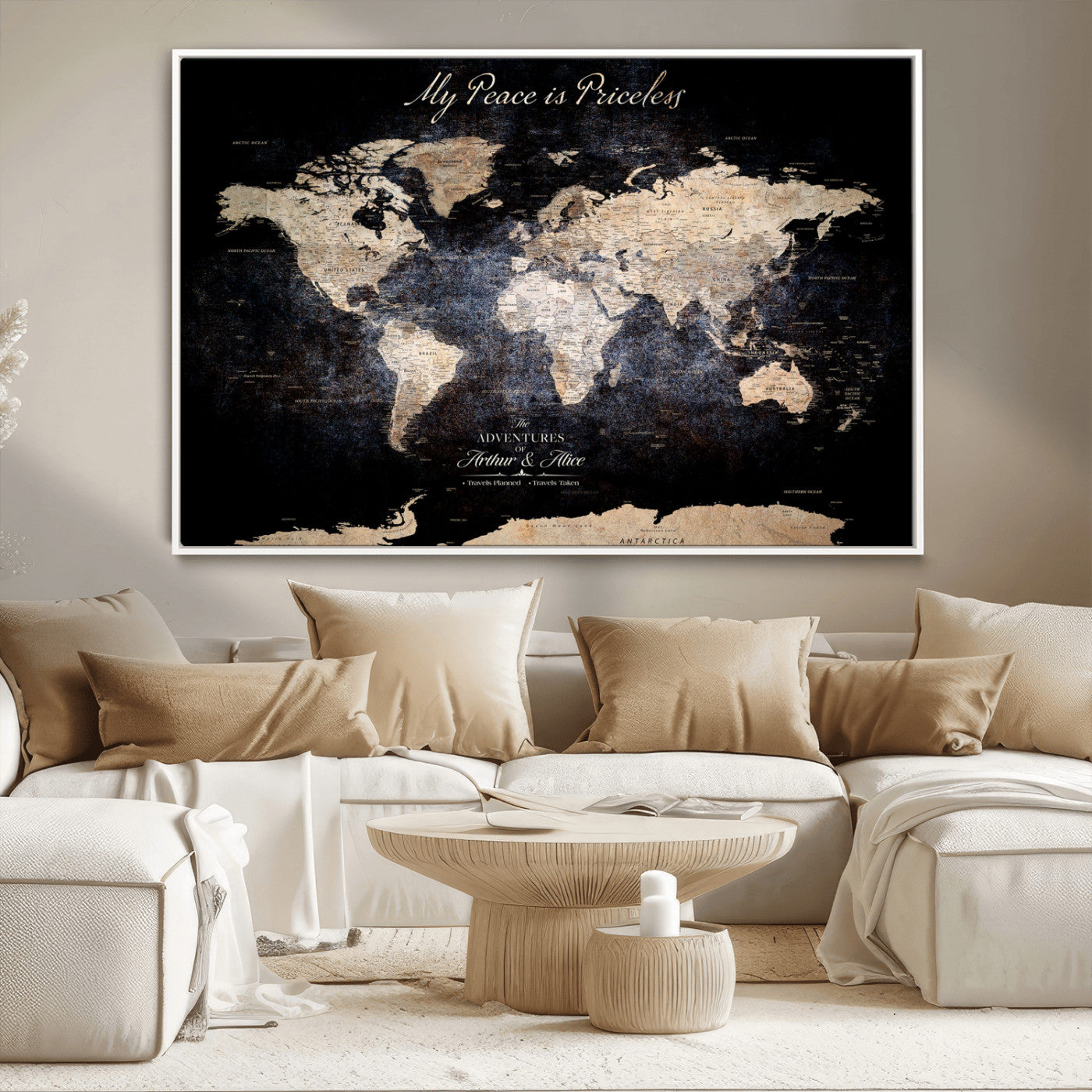 51488142-MGV-CV-36X24-Personalized World Map Wall Art – Dark Rustic Adventure Travel Map with Custom Names, Vintage Wall Decor for Couples, Families or