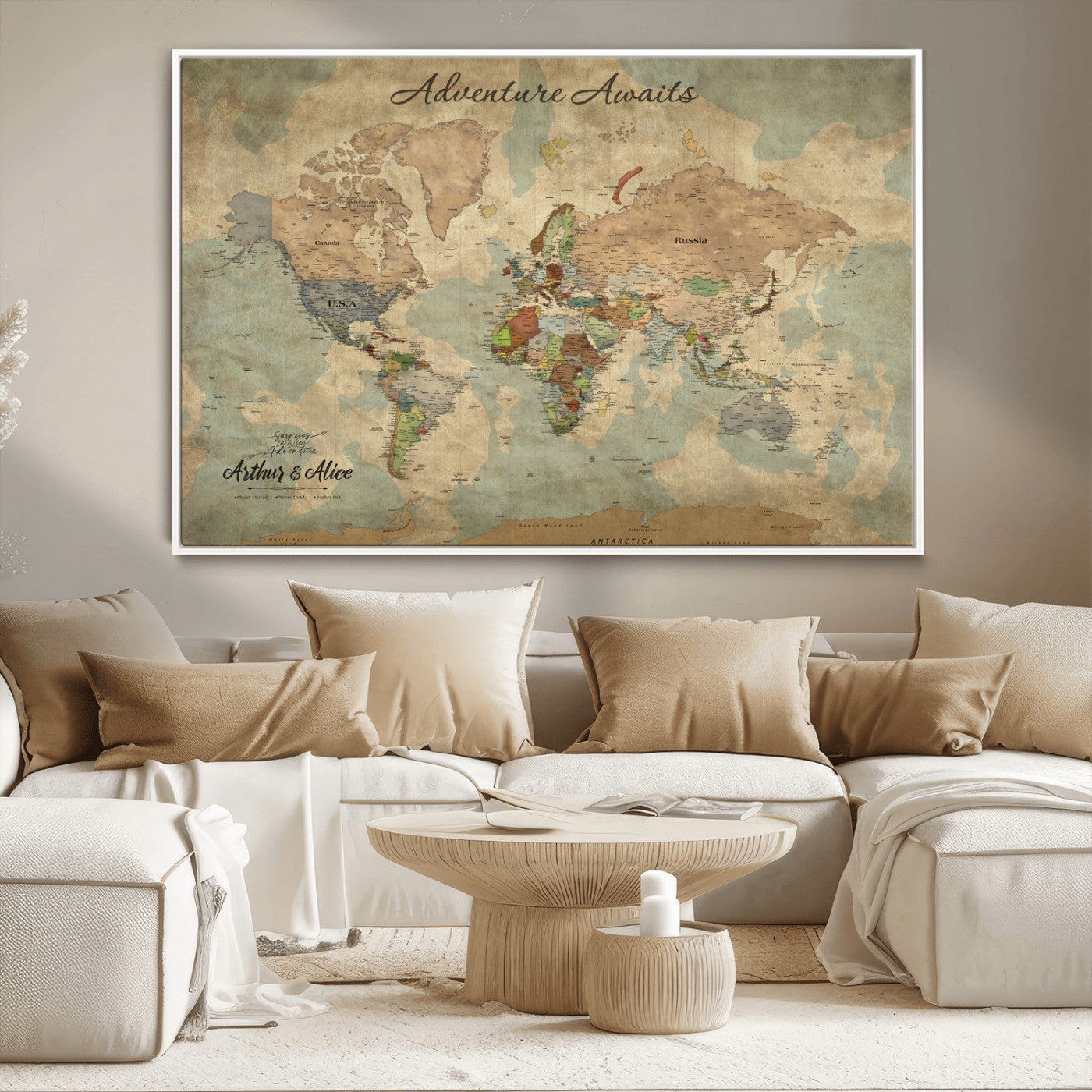 62500285-MGV-CV-36X24-Personalized World Map Wall Art – Rustic Watercolor Adventure Awaits Travel Map with Custom Couple Names, Vintage Wall Decor for